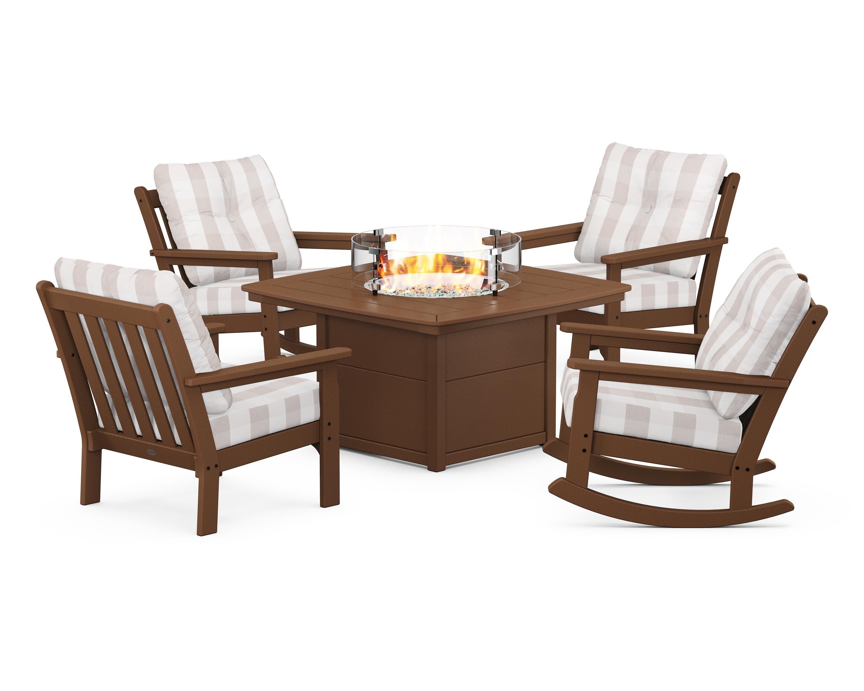 Vineyard 5-Piece Deep Seating Rocking Chair Conversation Set with Fire Pit Table in Teak / Buffalo Plaid Dune Burlap