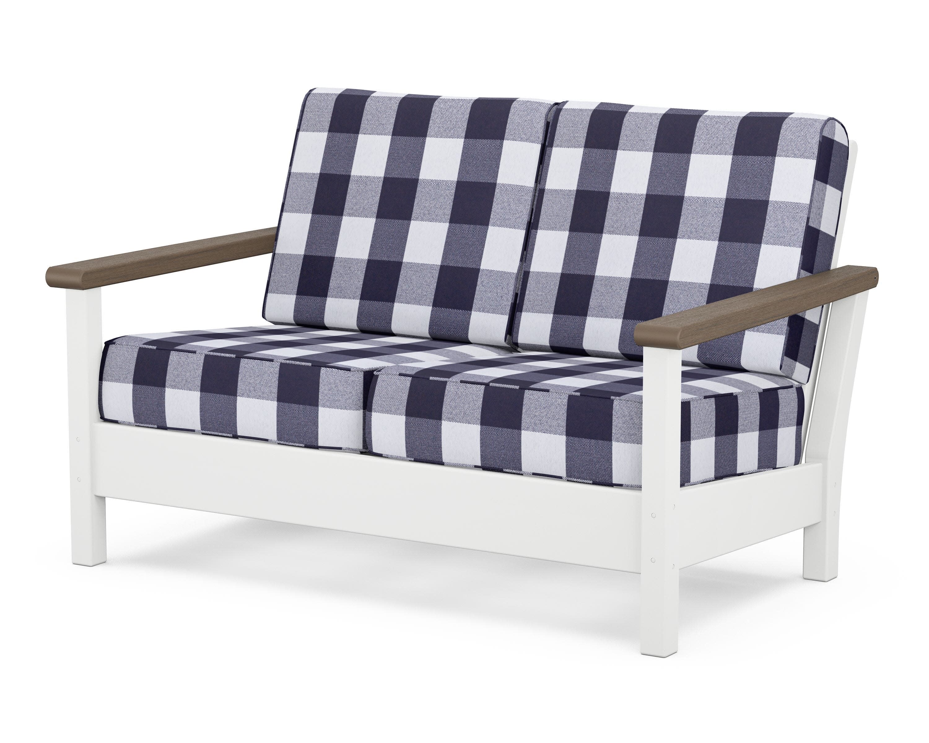 Harbour Deep Seating Loveseat in White / Kona / Buffalo Plaid Navy