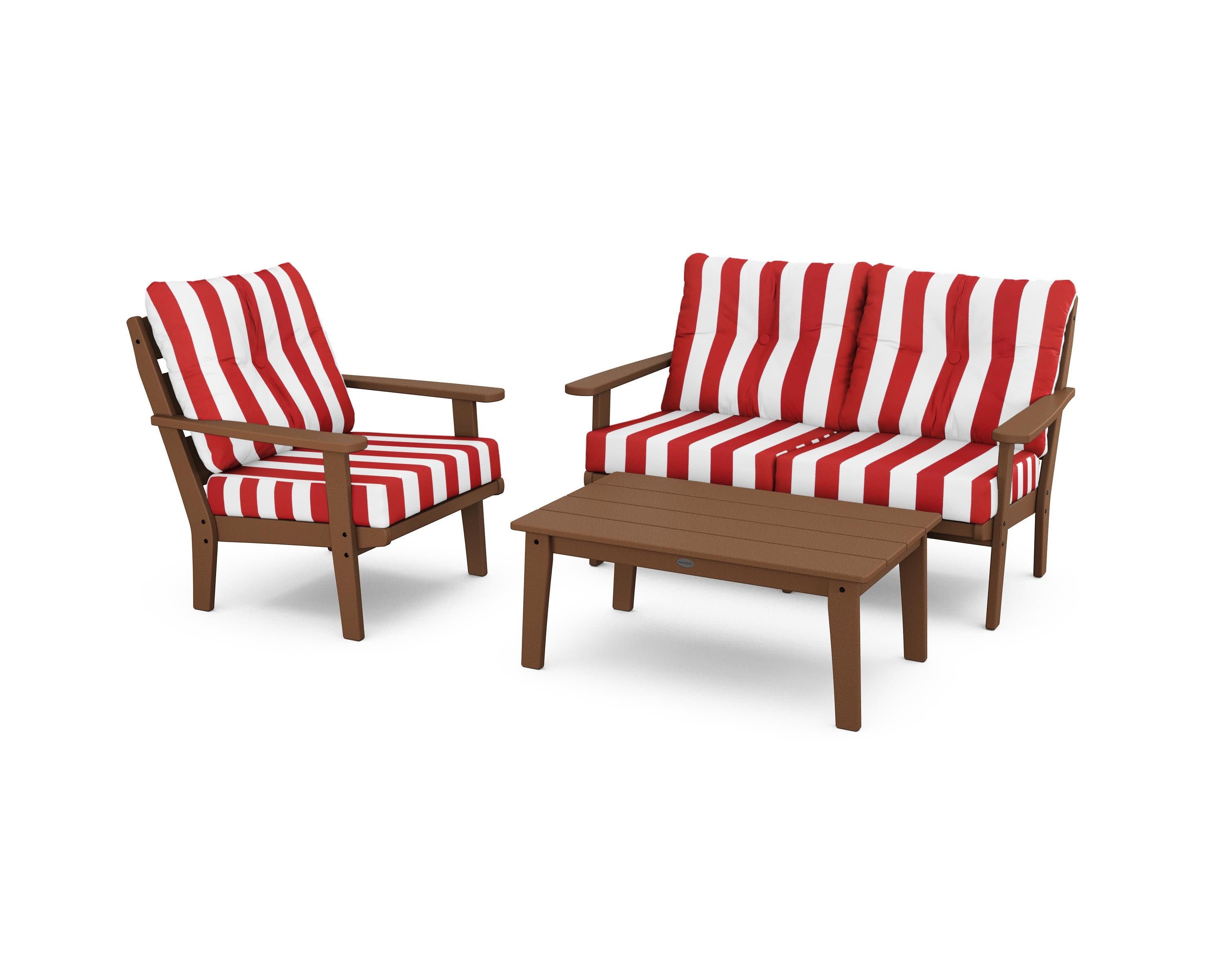 Lakeside 3-Piece Deep Seating Set in Teak / Cabana Stripe Crimson