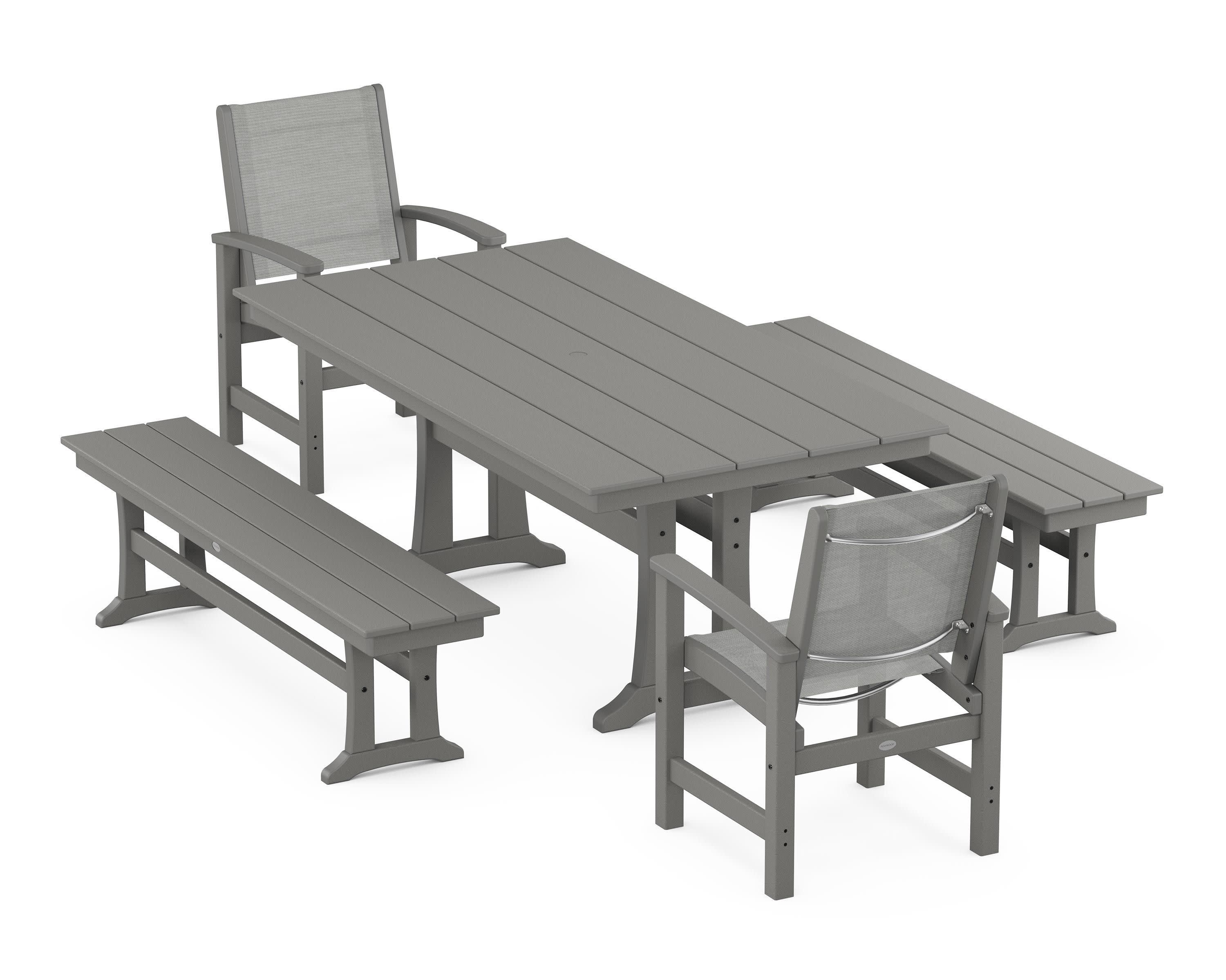 Coastal 5-Piece Farmhouse Dining Set with Trestle Legs and Benches in Slate Grey / Metallic Sling