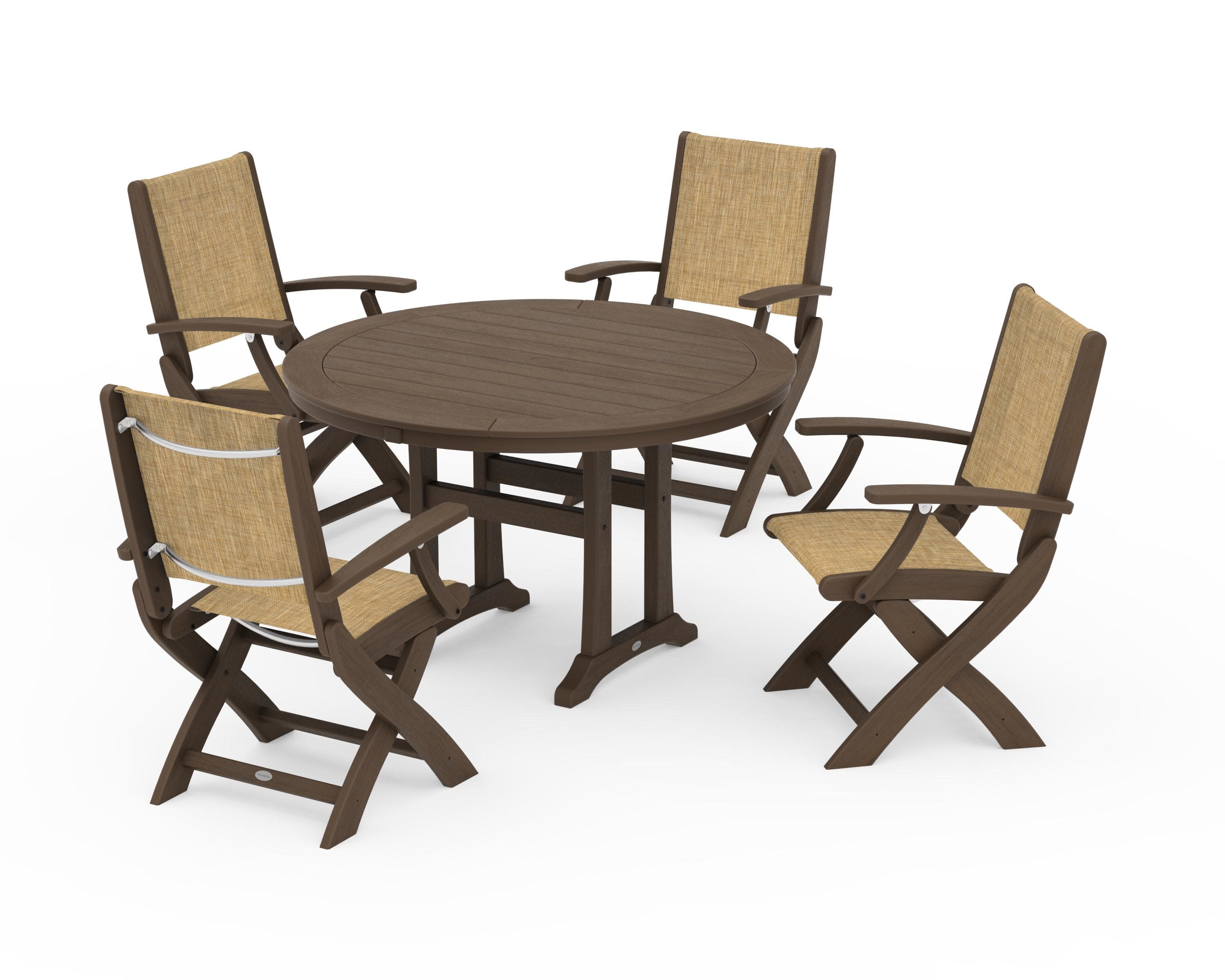 Coastal Folding Chair 5-Piece Round Dining Set with Trestle Legs in Kona / Burlap Sling