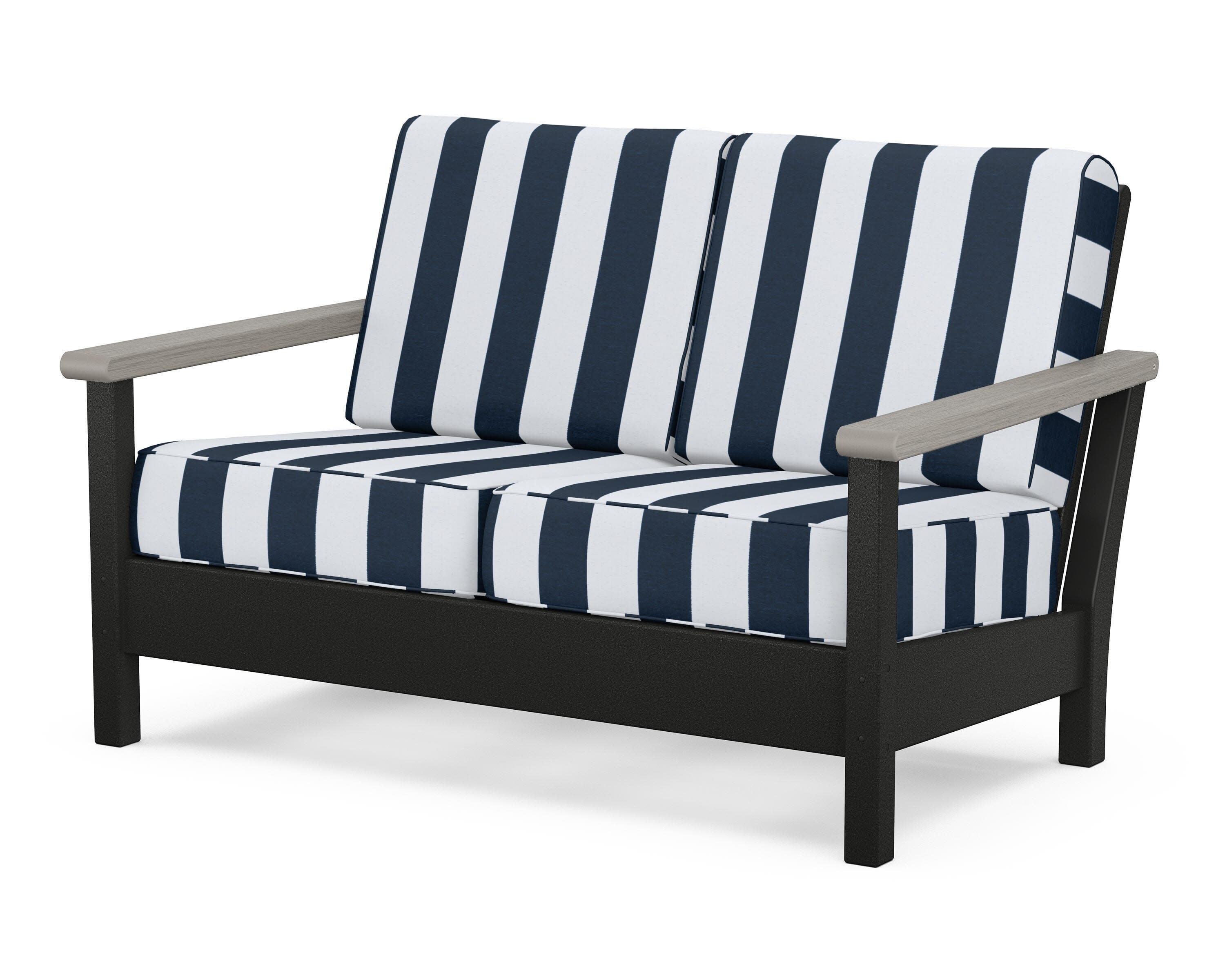 Harbour Deep Seating Loveseat in Black / Driftwood / Cabana Stripe Marine Indigo