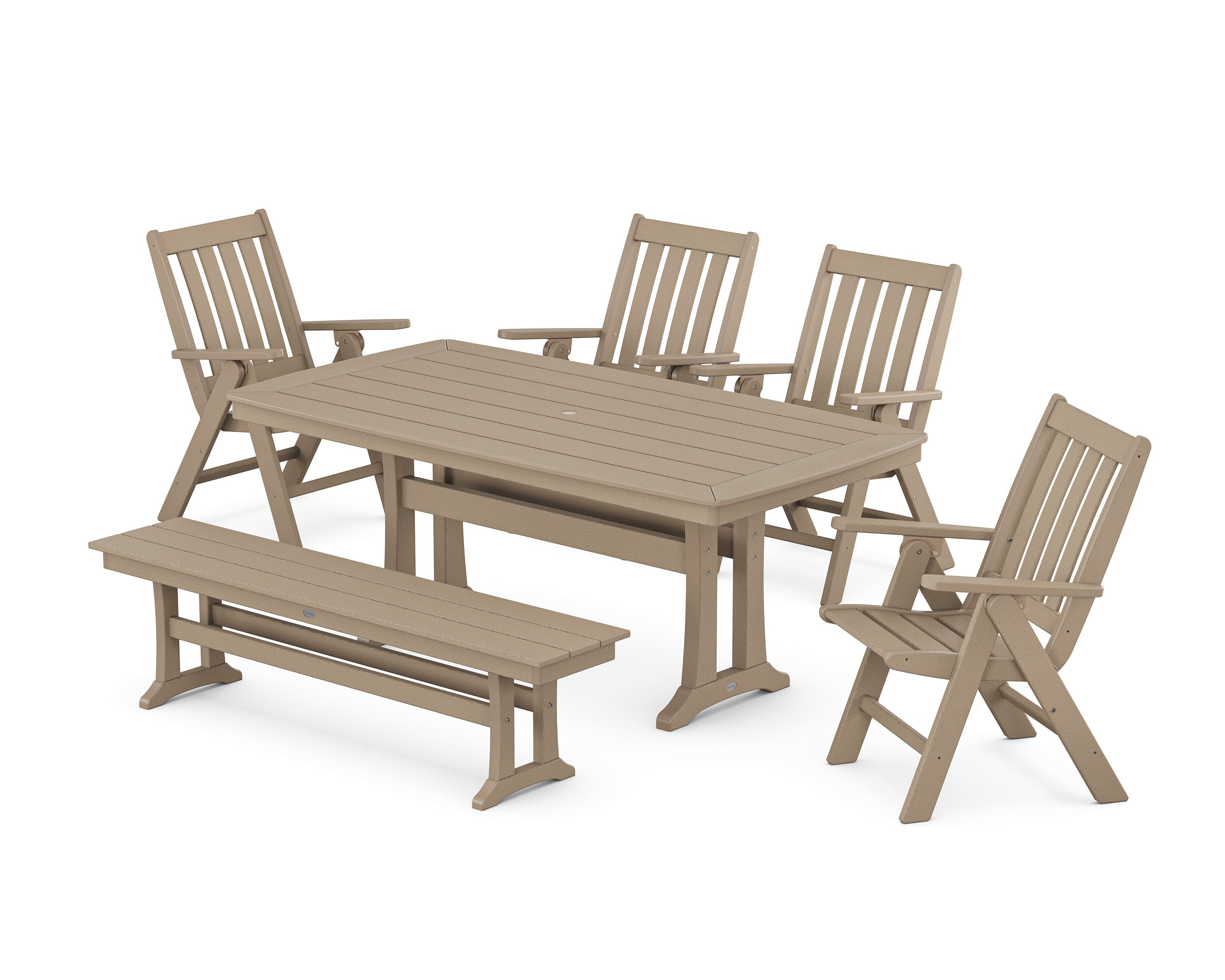 Vineyard Folding Chair 6-Piece Dining Set with Trestle Legs and Bench in Vintage Sahara