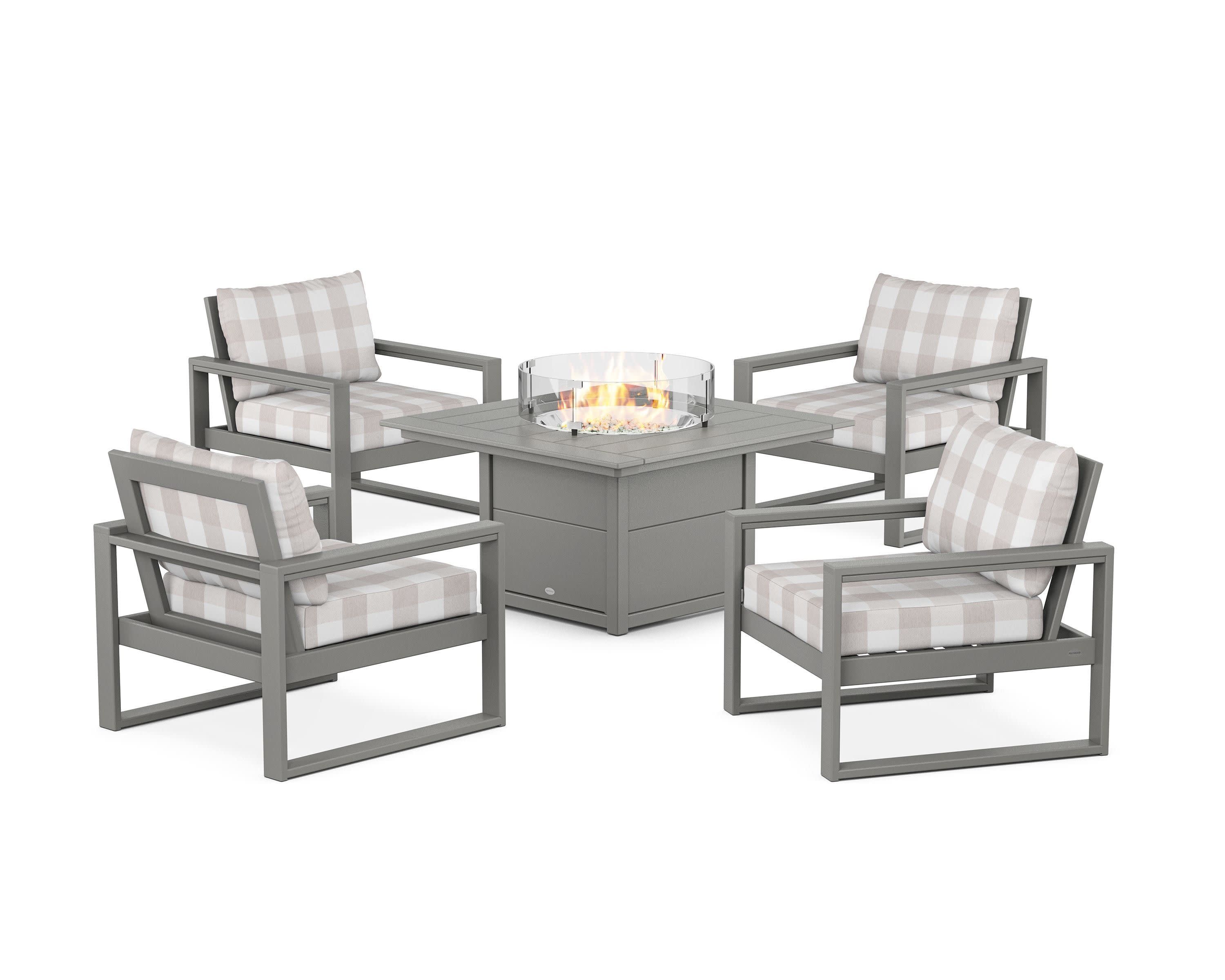 EDGE Sectional 5-Piece Deep Seating Set with Fire Pit Table in Slate Grey / Buffalo Plaid Dune Burlap