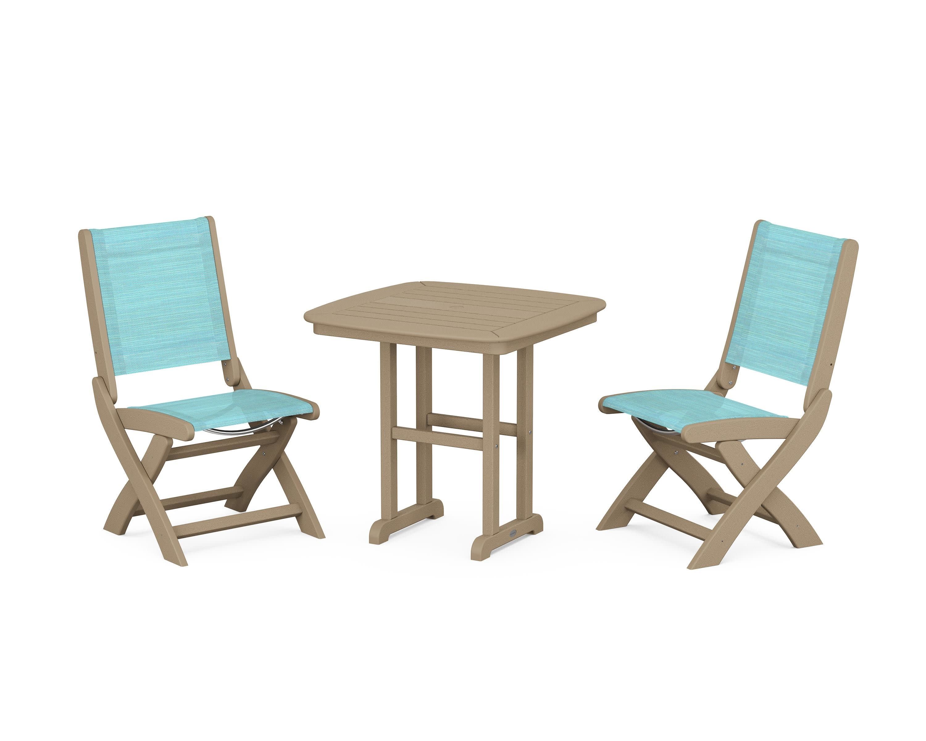 Coastal Folding Side Chair 3-Piece Dining Set in Vintage Sahara / Dupioni Aquamarine Sling