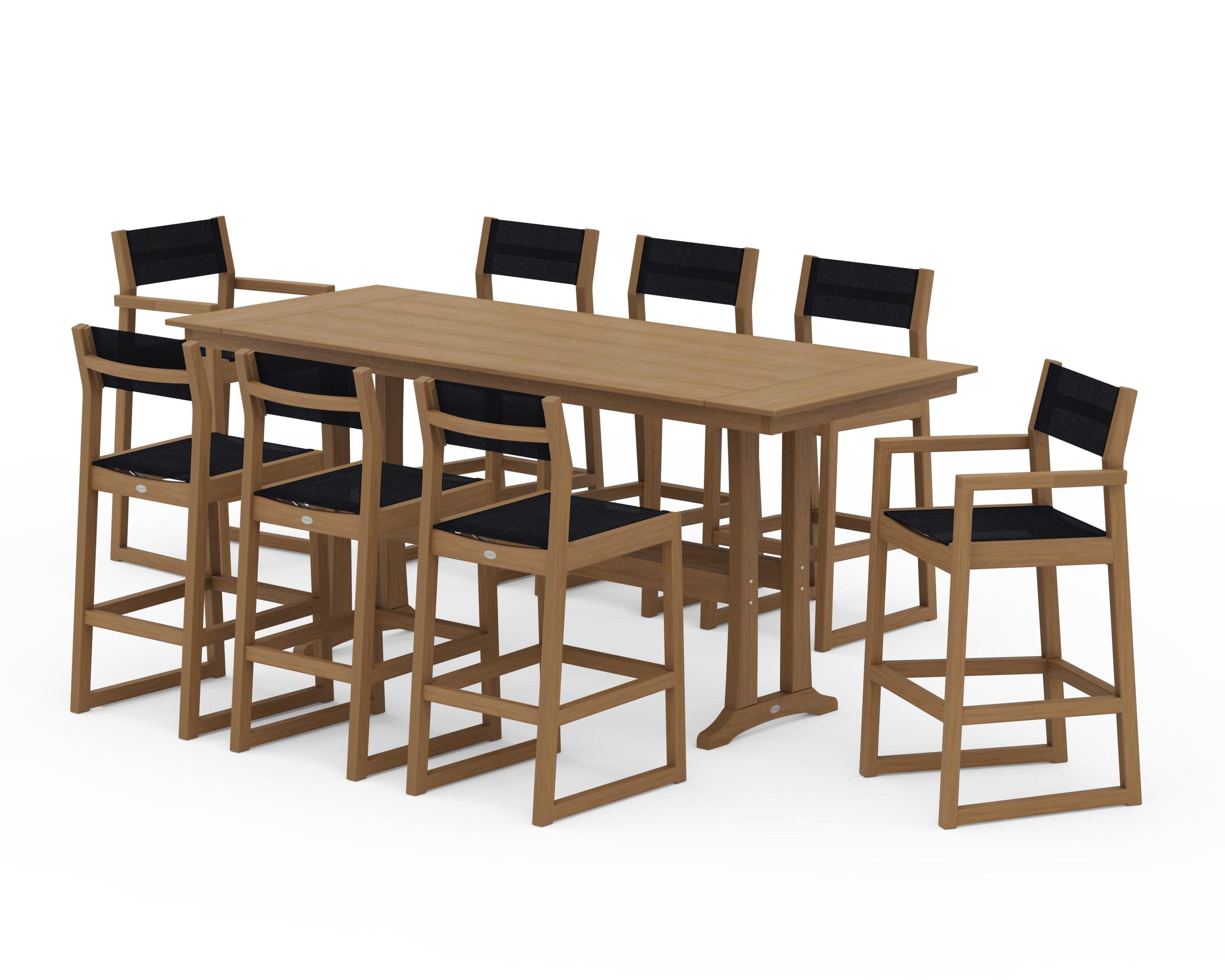 EDGE Sling 9-Piece Farmhouse Bar Set with Trestle Legs in Natural / Black Sling
