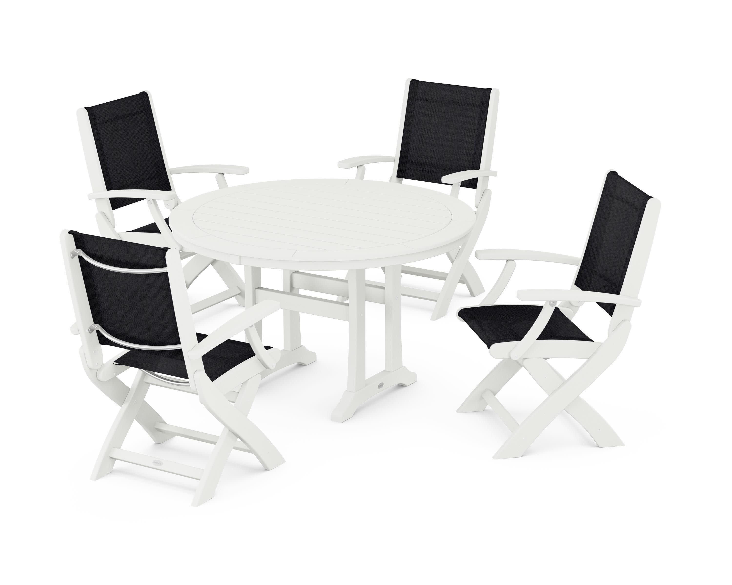 Coastal Folding Chair 5-Piece Round Dining Set with Trestle Legs in Vintage White / Black Sling