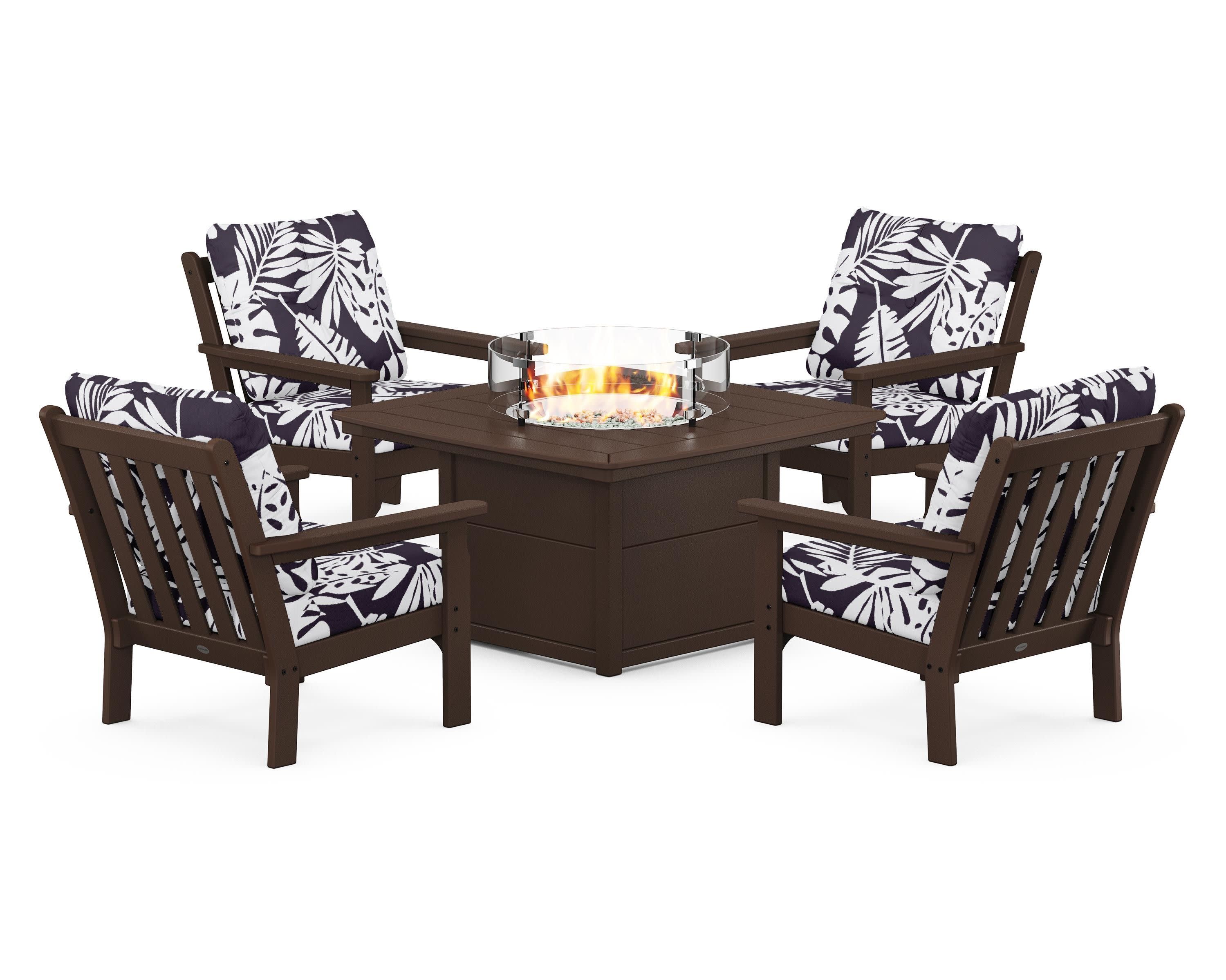 Vineyard 5-Piece Conversation Set with Fire Pit Table in Mahogany / Leaf Navy