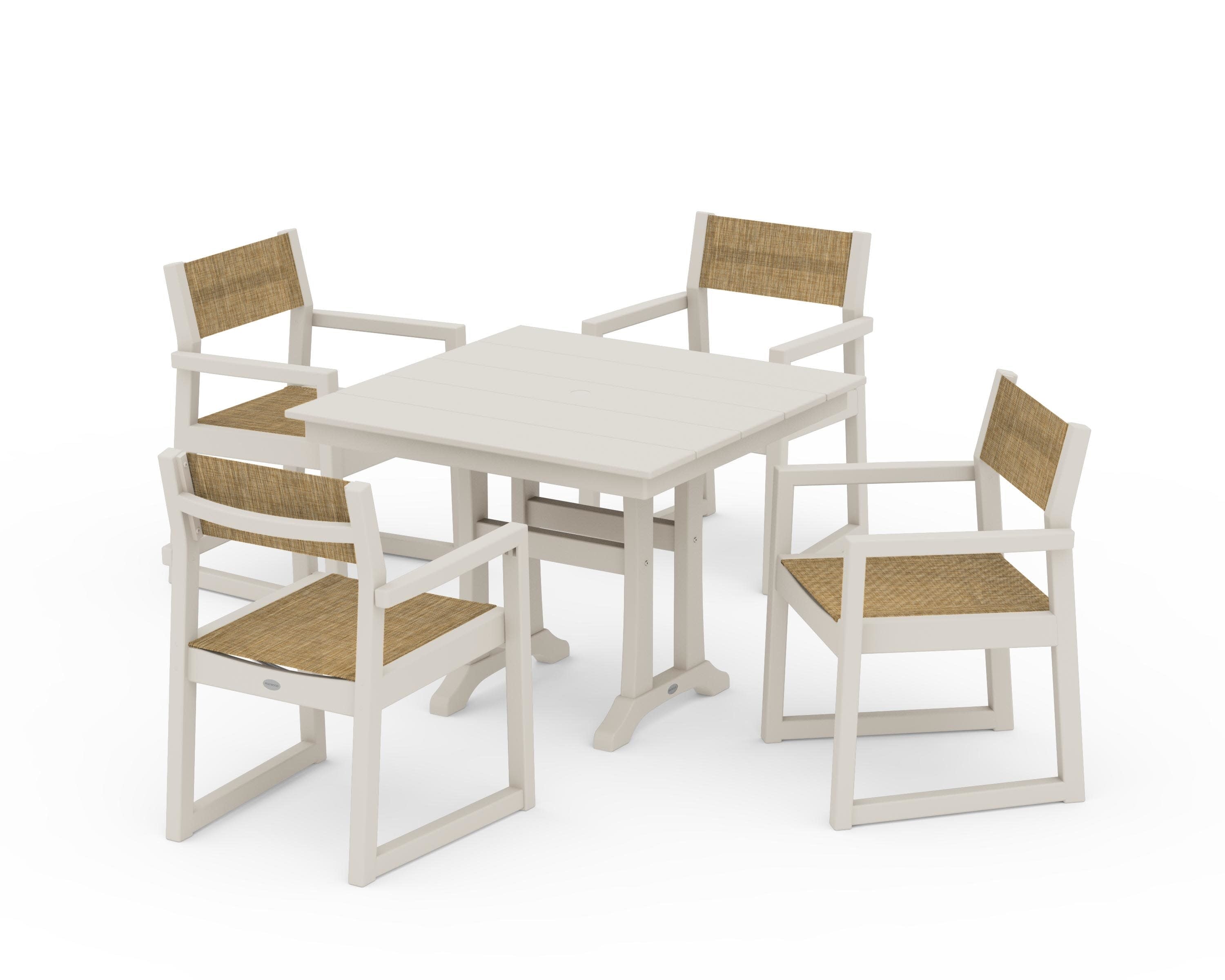 EDGE Sling 5-Piece Farmhouse Dining Set with Trestle Legs in Sand / Burlap Sling