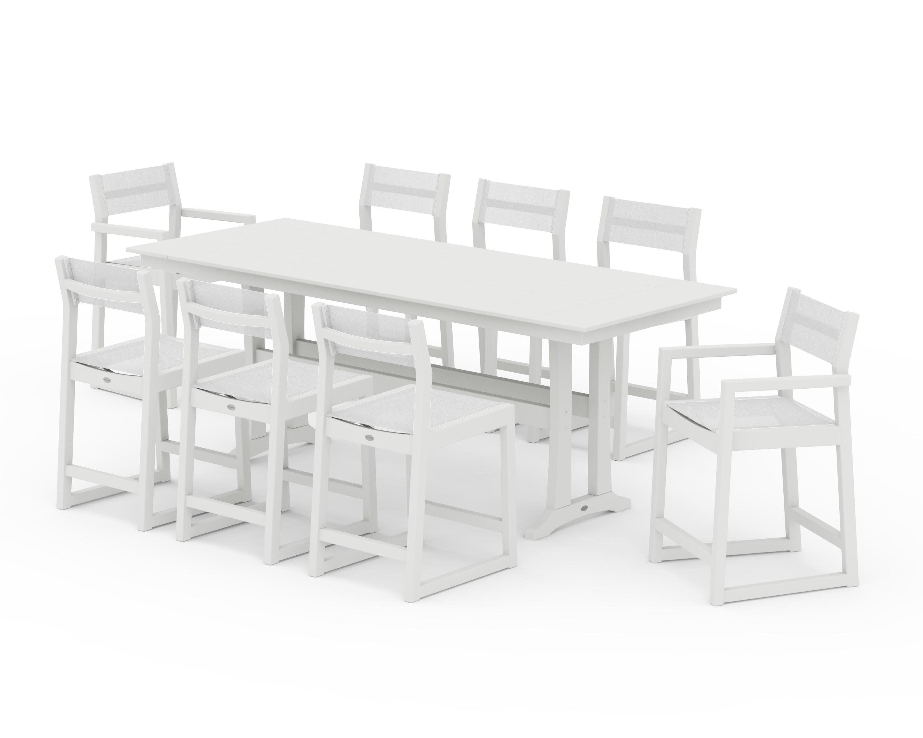 EDGE Sling 9-Piece Farmhouse Counter Set with Trestle Legs in Vintage White / White Sling