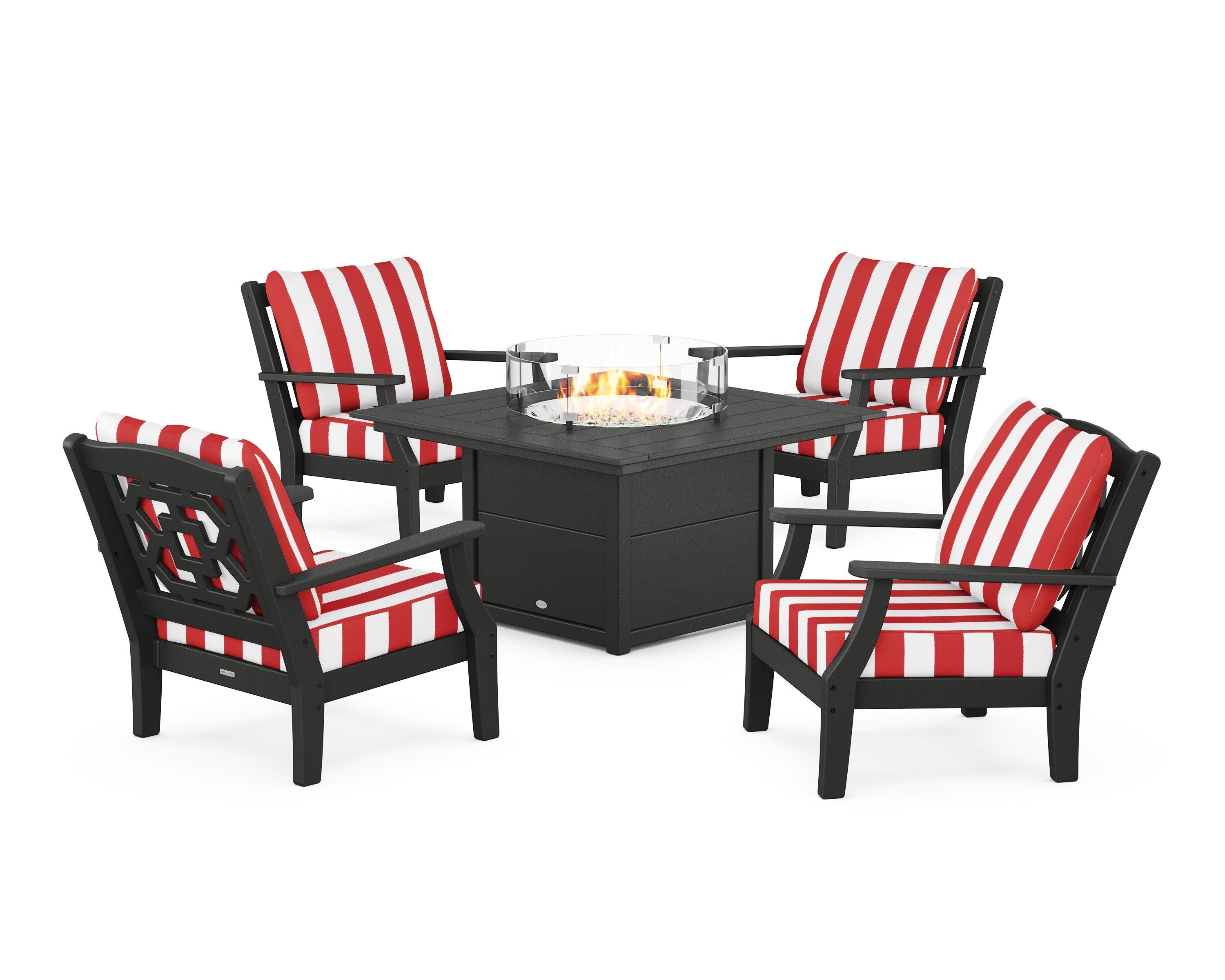 Chinoiserie 5-Piece Deep Seating Set with Fire Pit Table in Black / Cabana Stripe Crimson