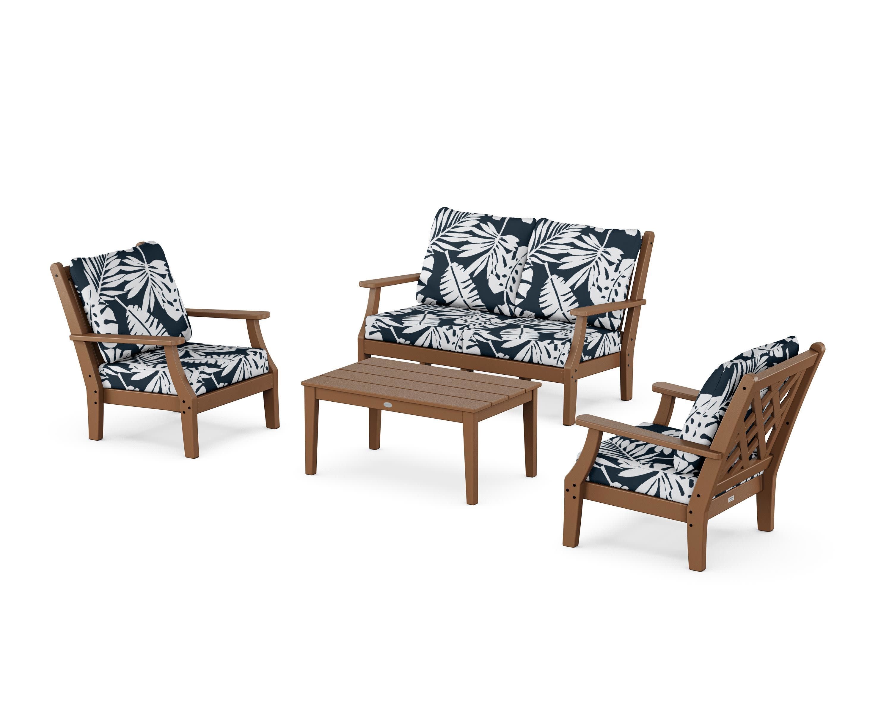 Wovendale 4-Piece Deep Seating Set with Loveseat in Teak / Leaf Marine Indigo