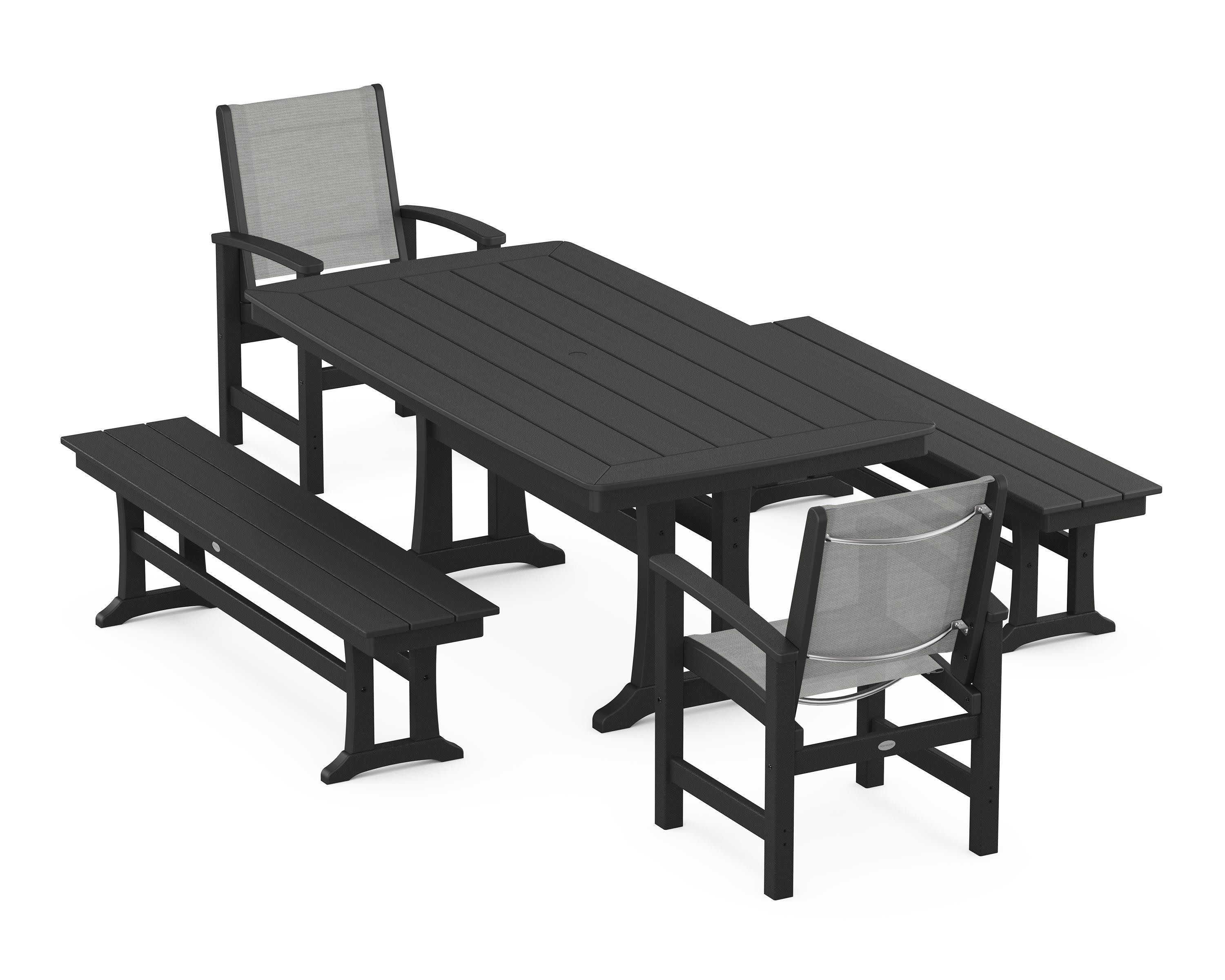 Coastal 5-Piece Dining Set with Trestle Legs and Benches in Black / Metallic Sling