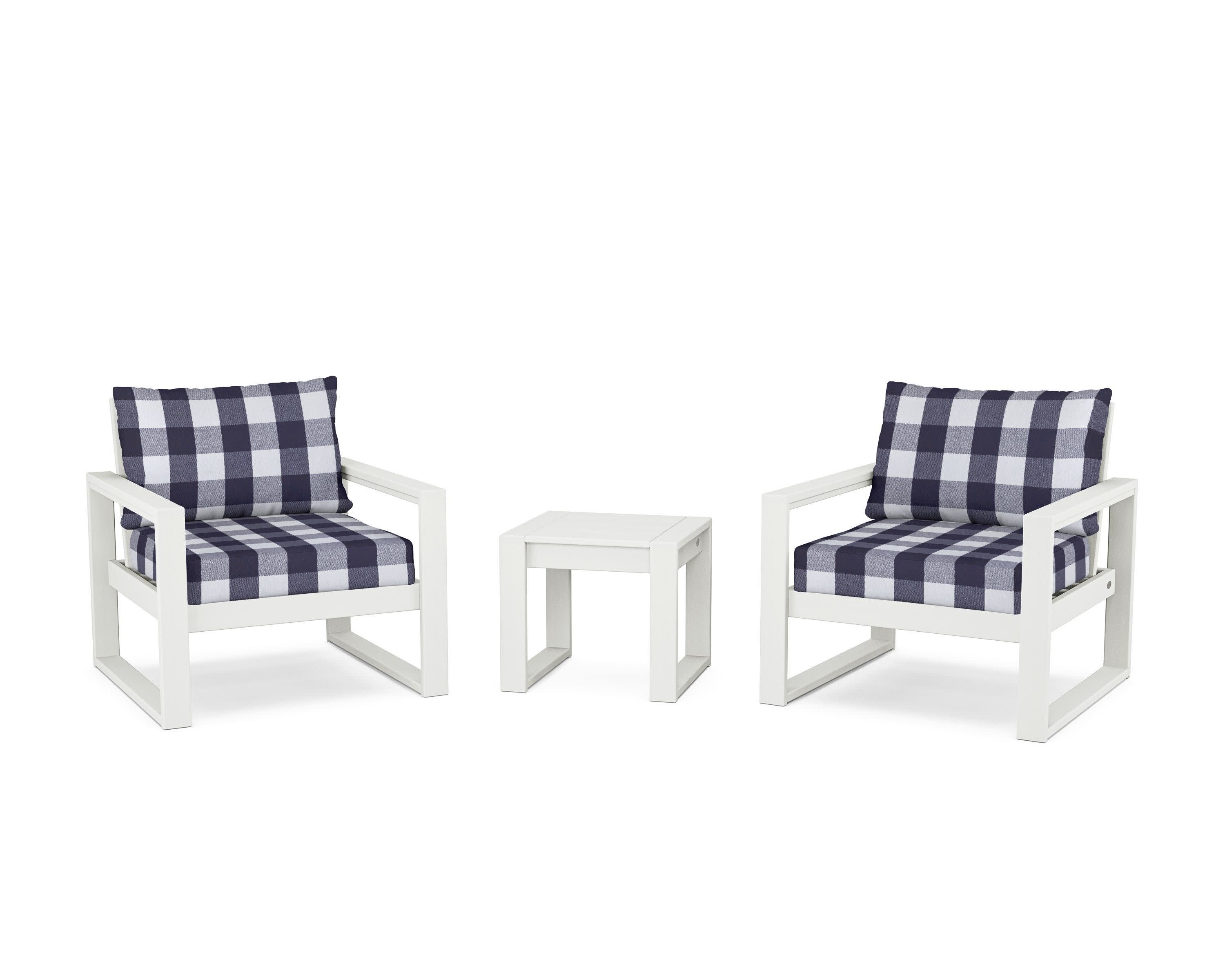 EDGE Sectional 3-Piece Deep Seating Set in Vintage White / Buffalo Plaid Navy