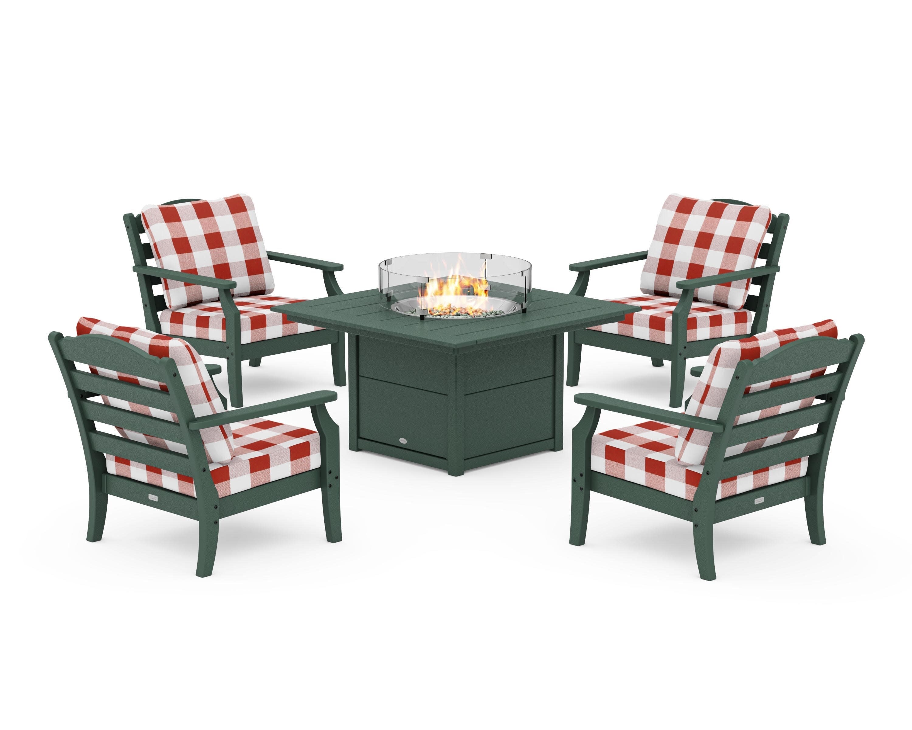 Savannah 5-Piece Deep Seating Set with Fire Pit Table in Green / Buffalo Plaid Crimson