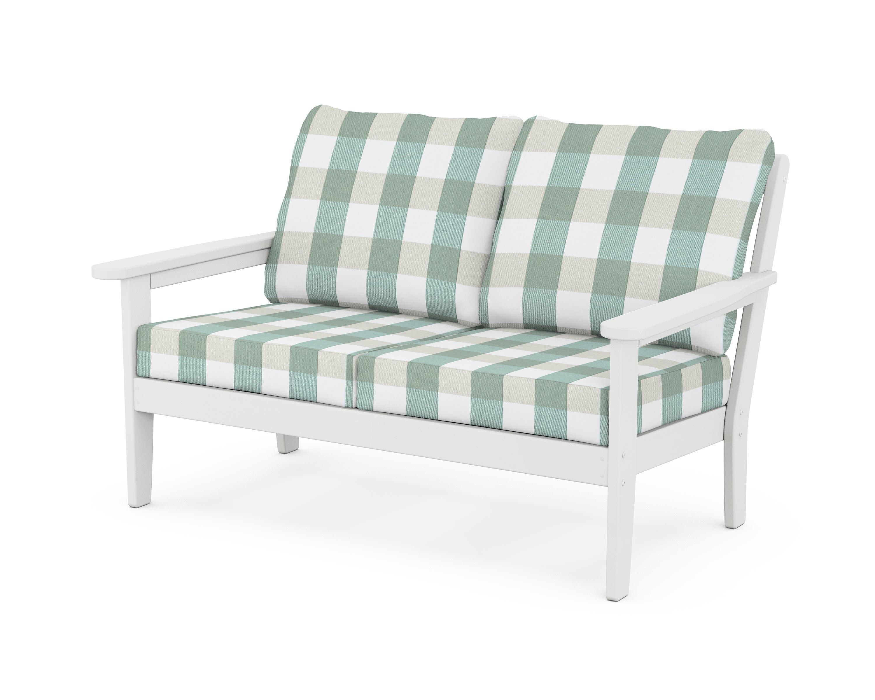 Cottage Deep Seating Loveseat in White / Buffalo Plaid Glacier Spa