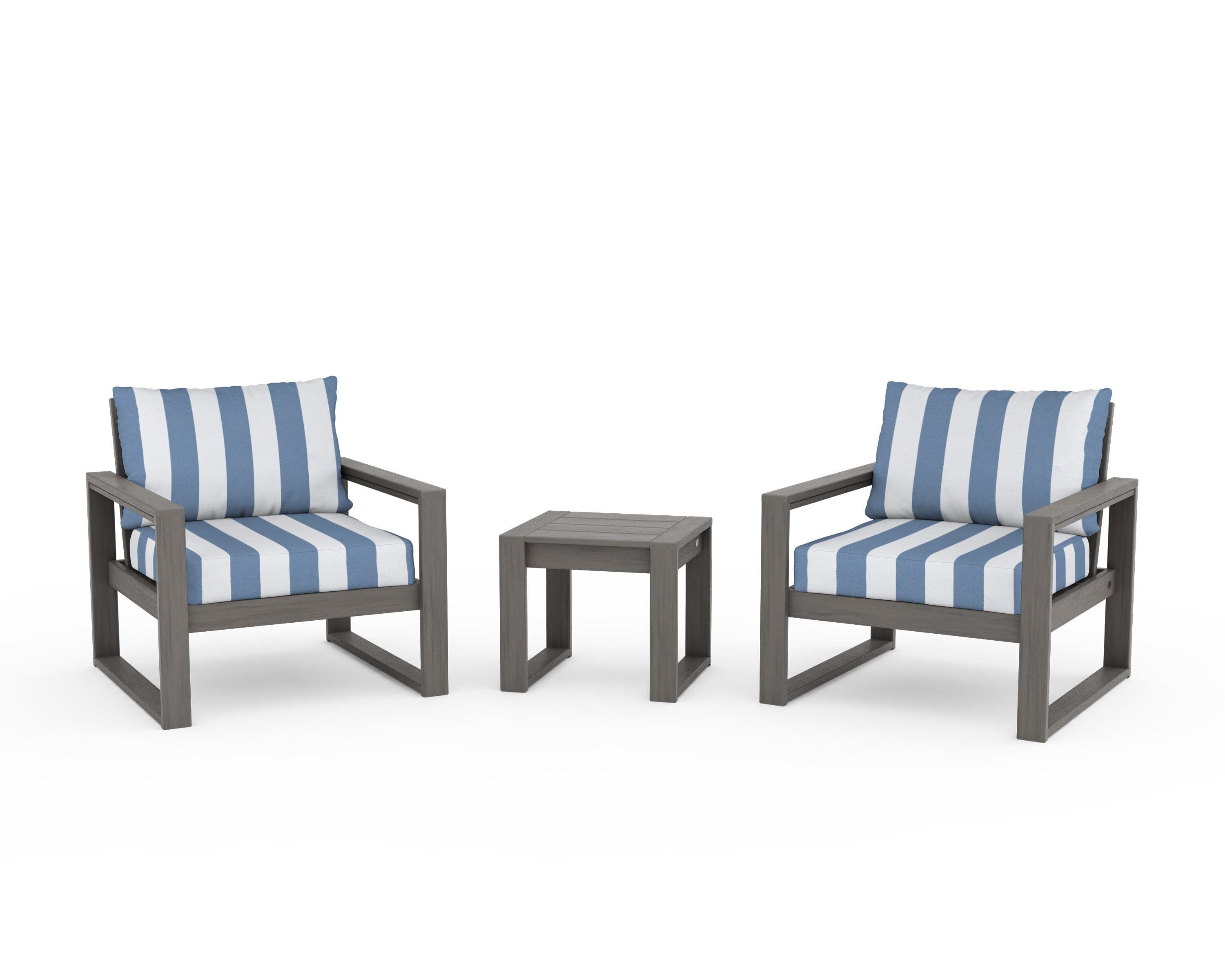 EDGE Sectional 3-Piece Deep Seating Set in Driftwood / Cabana Stripe Sky Blue