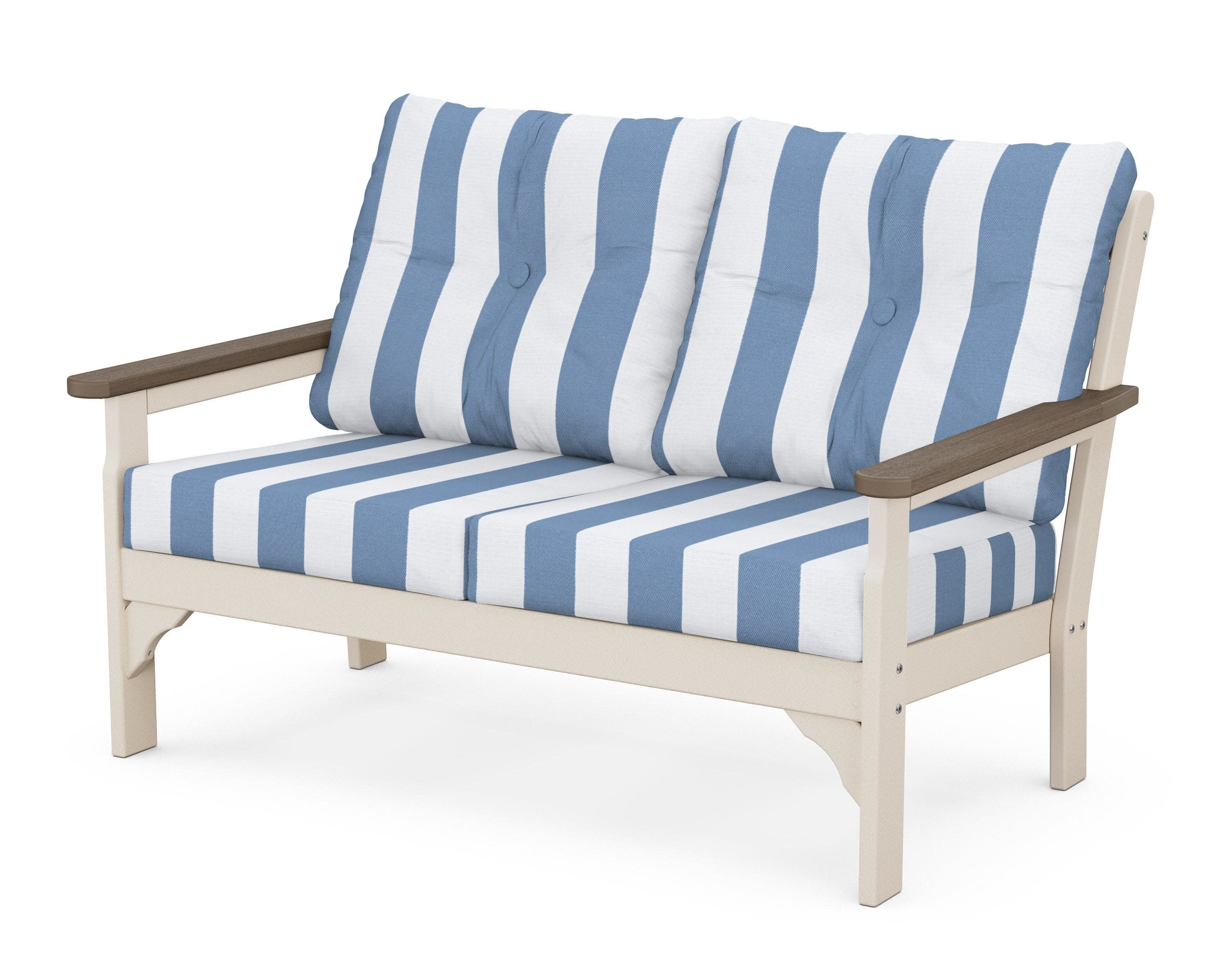 Vineyard Deep Seating Loveseat in Sand / Kona / Cabana Stripe Sky Blue