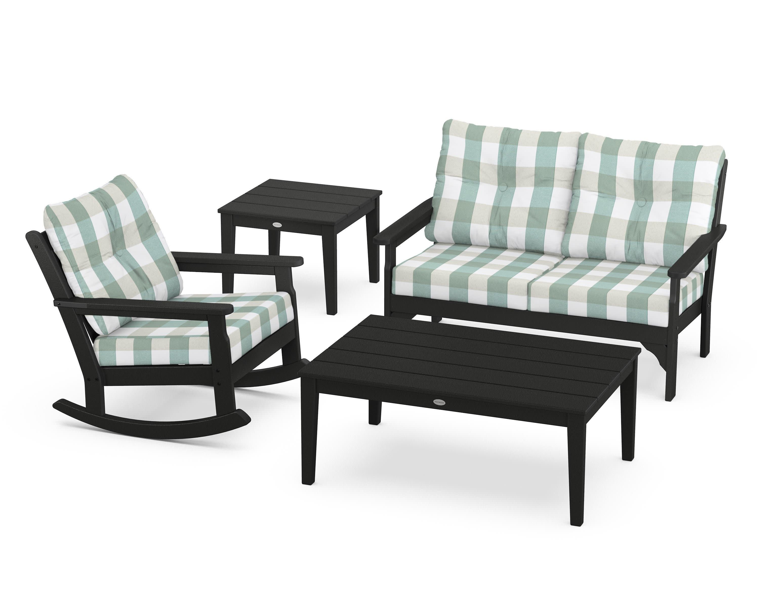 Vineyard 4-Piece Deep Seating Rocker Set in Black / Buffalo Plaid Glacier Spa