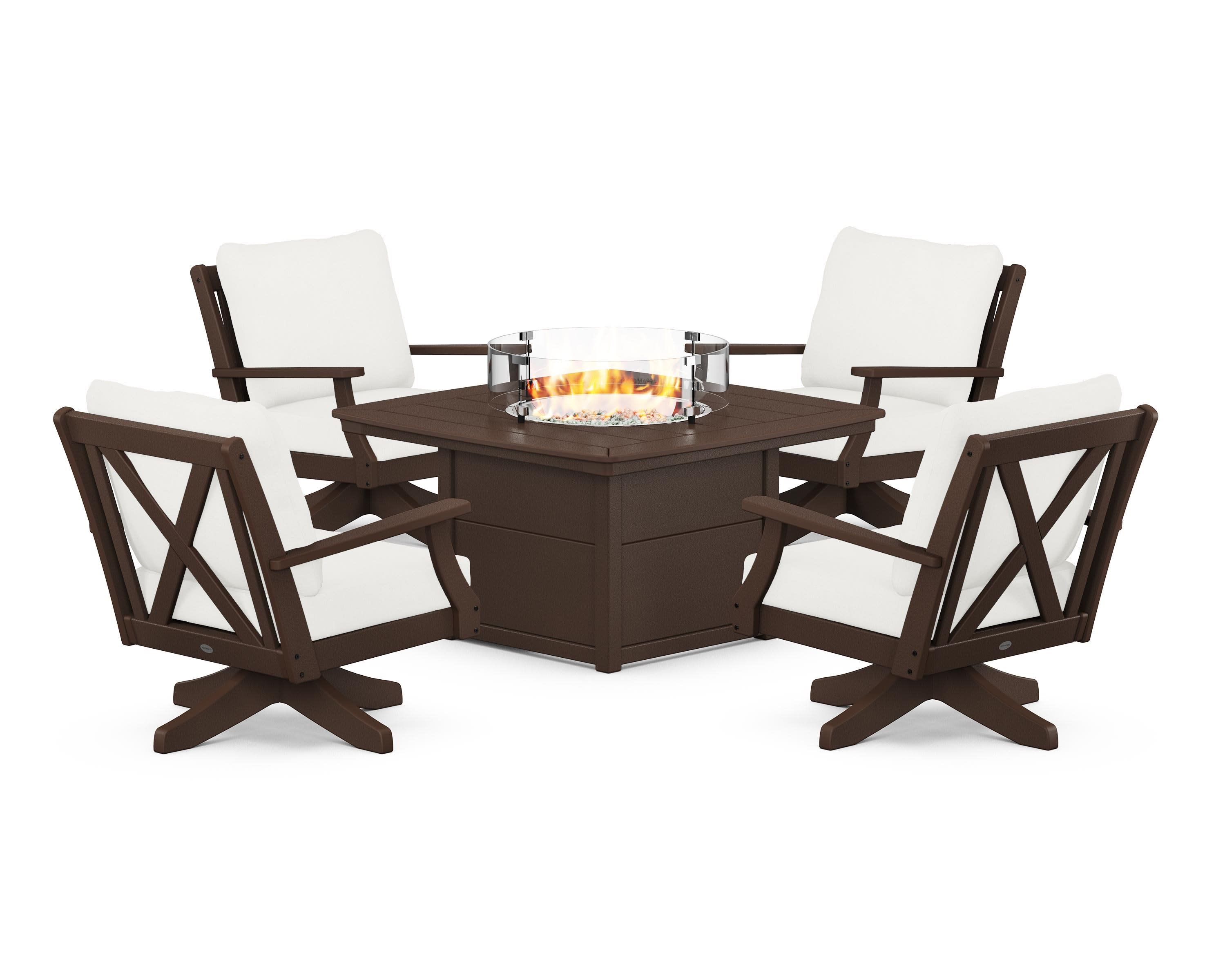 Braxton 5-Piece Deep Seating Swivel Conversation Set with Fire Pit Table in Mahogany / Natural Linen