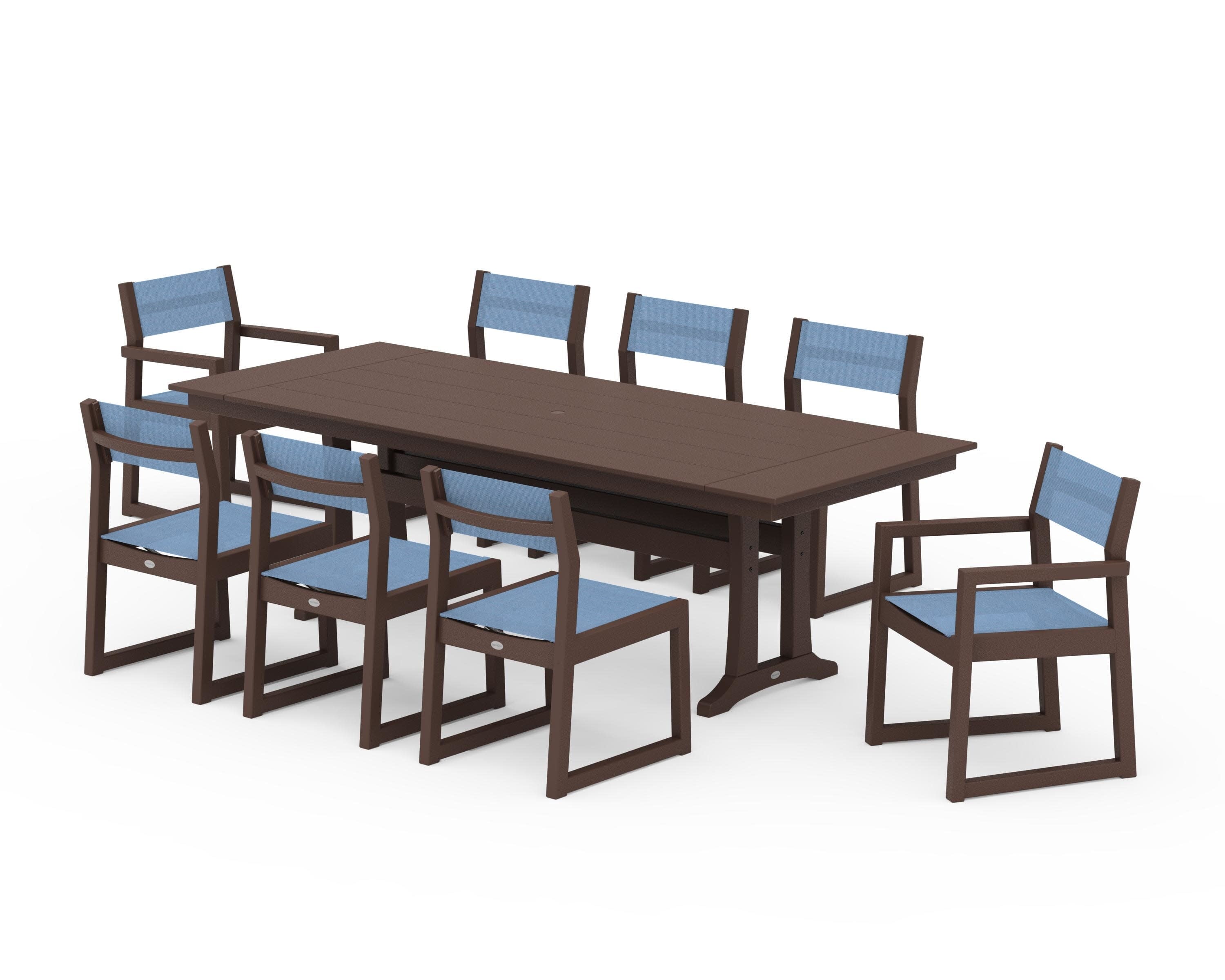 EDGE Sling 9-Piece Farmhouse Trestle Dining Set in Mahogany / Poolside Sling
