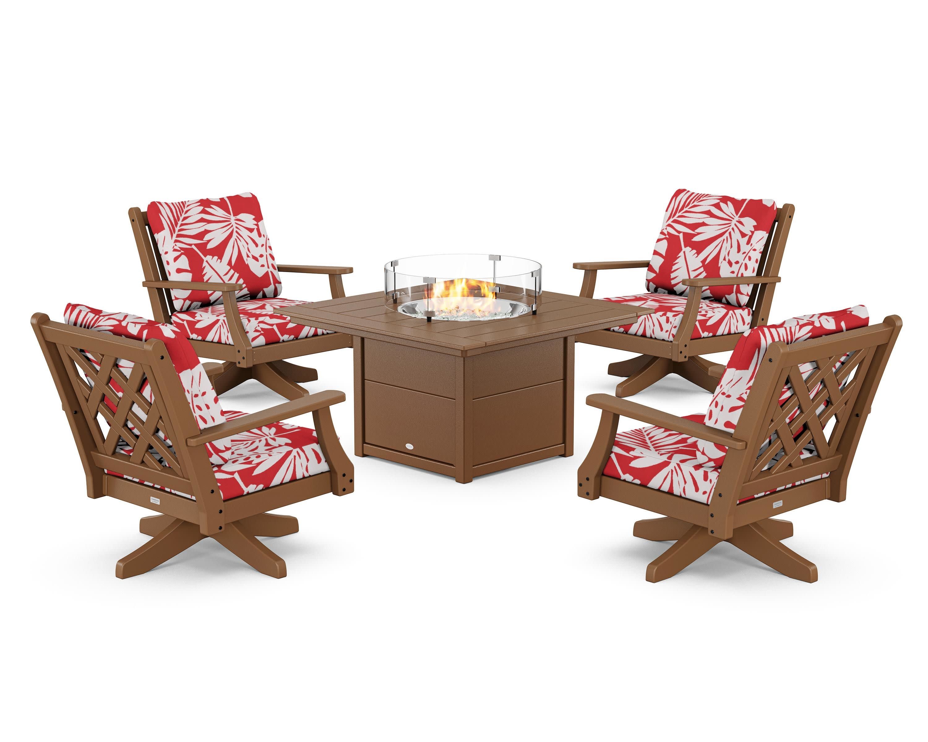 Wovendale 5-Piece Deep Seating Swivel Conversation Set with Fire Pit Table in Teak / Leaf Crimson