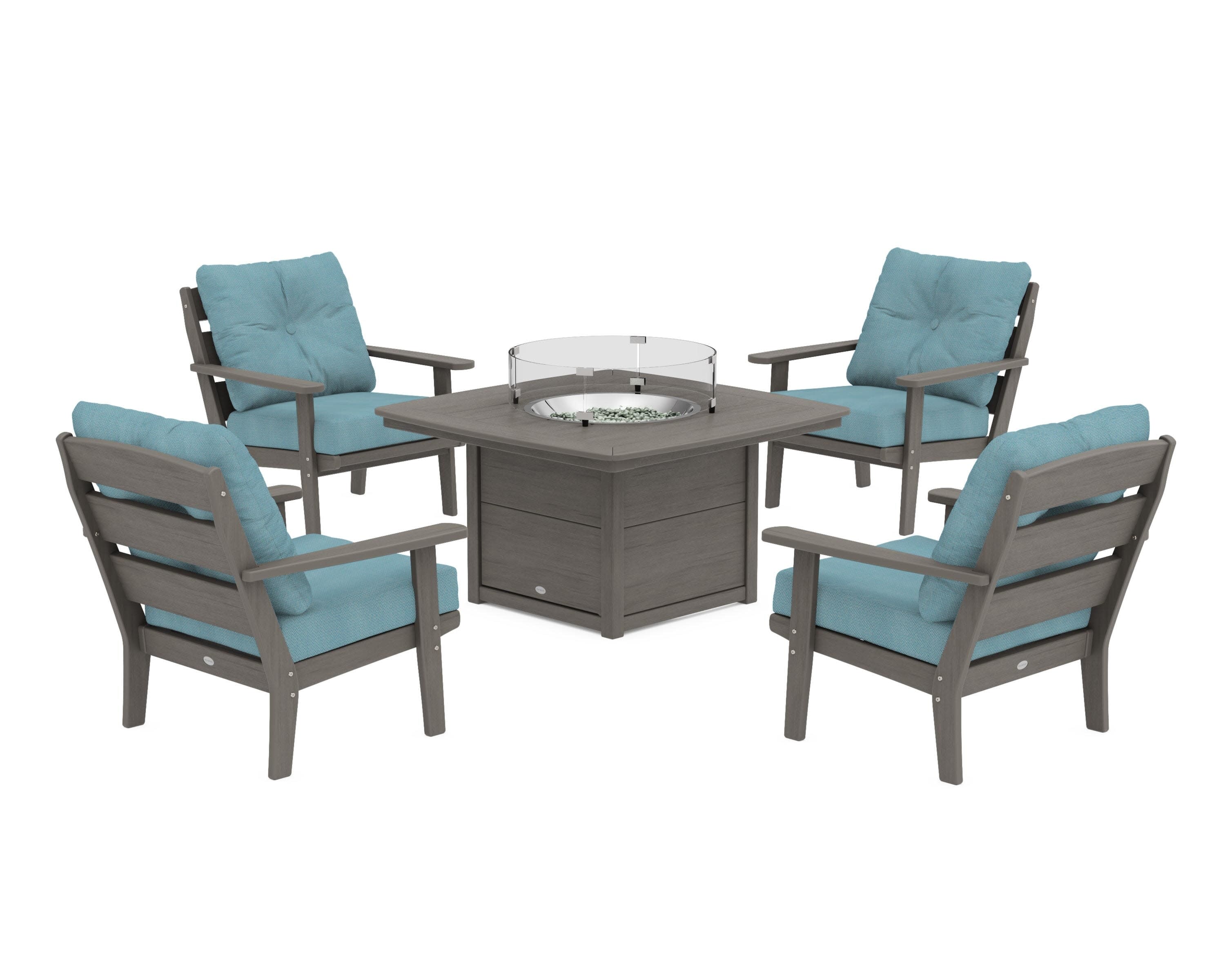 Lakeside 5-Piece Deep Seating Set with Nautical Fire Pit Table in Driftwood / Lattice Sky Blue