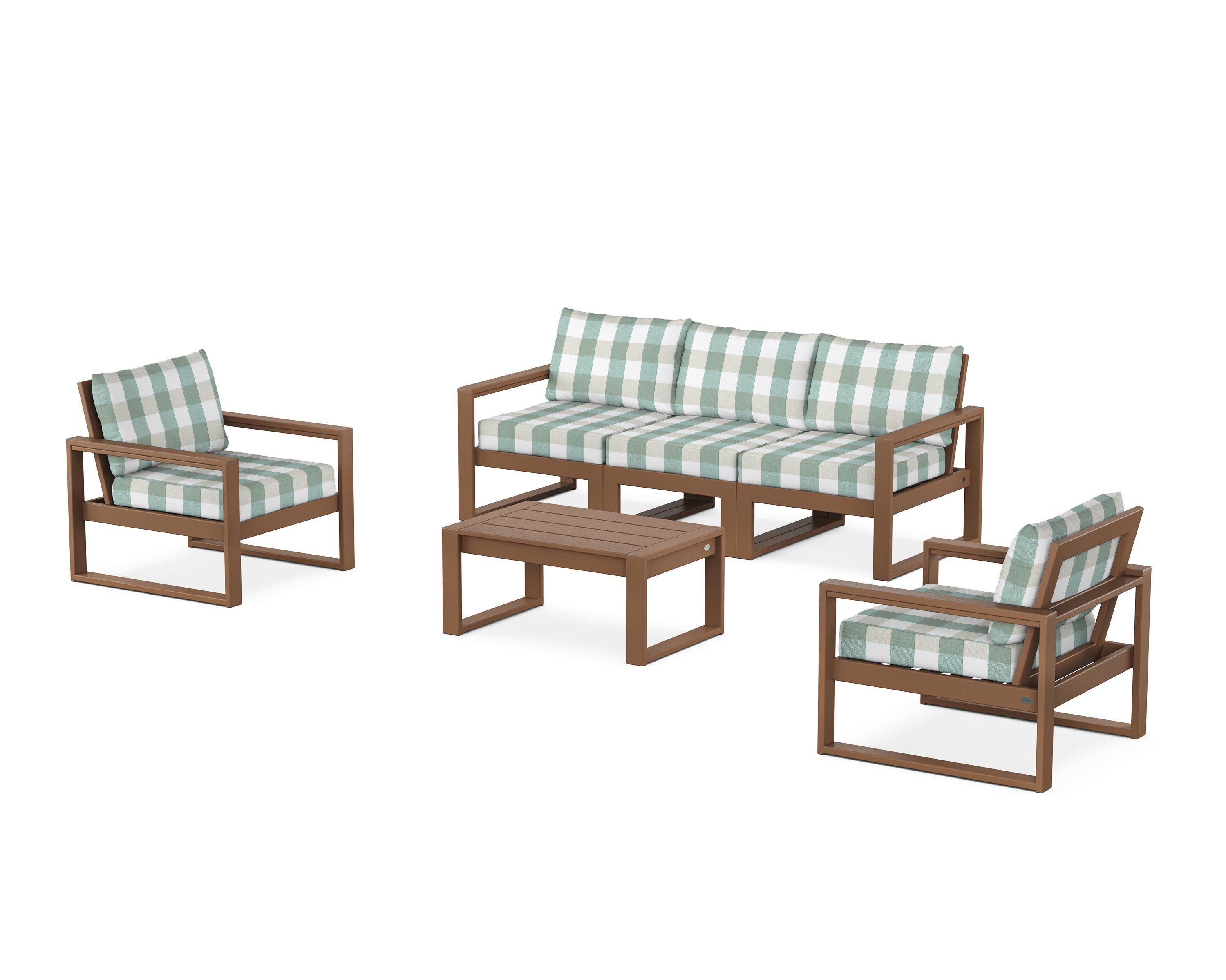 EDGE Sectional 4-Piece Deep Seating Set with Sofa in Teak / Buffalo Plaid Glacier Spa