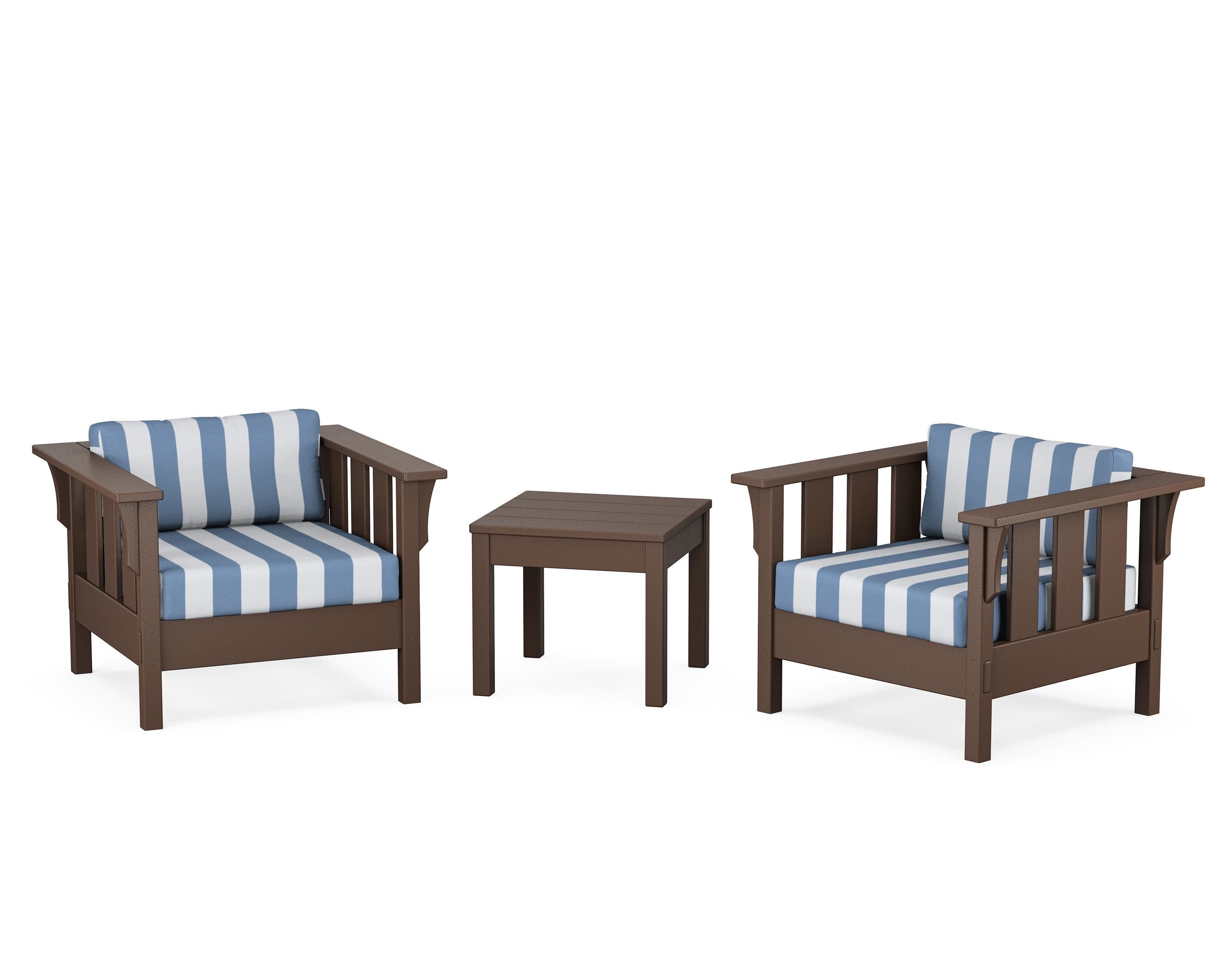Acadia 3-Piece Deep Seating Set in Mahogany / Cabana Stripe Sky Blue