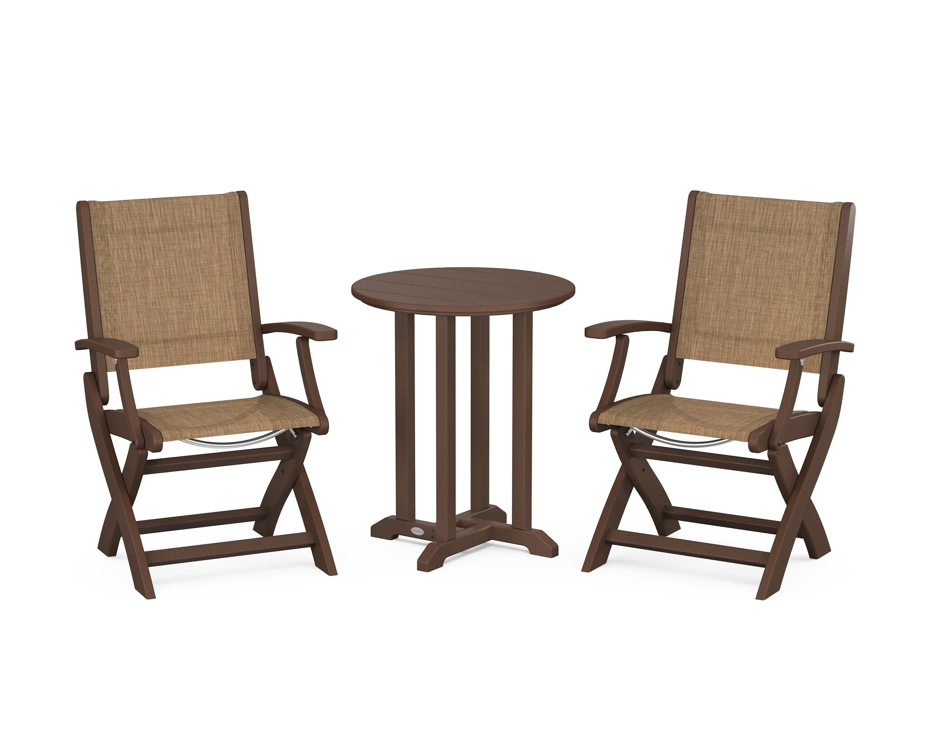 Coastal Folding 3-Piece Round Bistro Dining Set in Mahogany / Burlap Sling