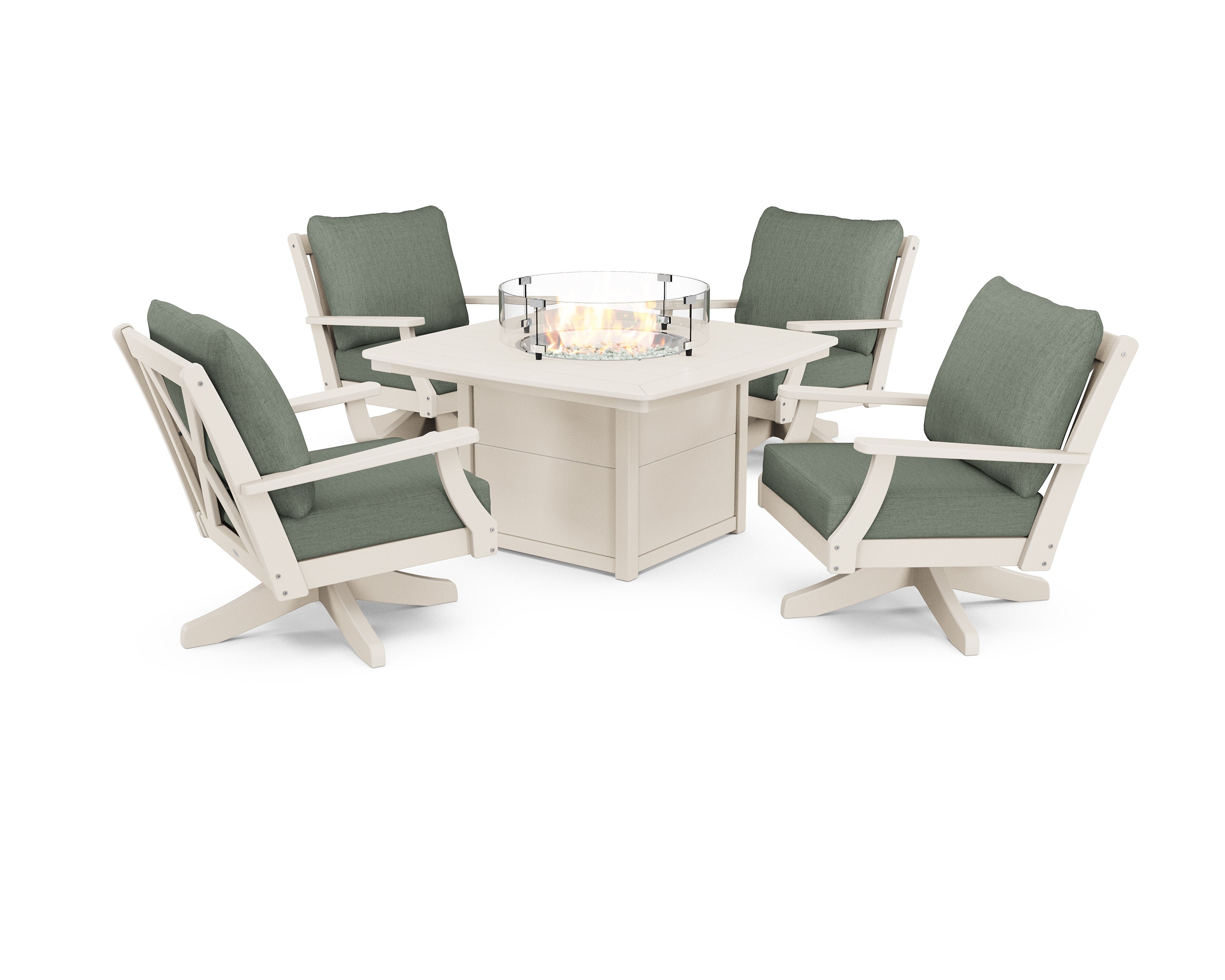 Braxton 5-Piece Deep Seating Swivel Conversation Set with Fire Pit Table in Sand / Cast Sage