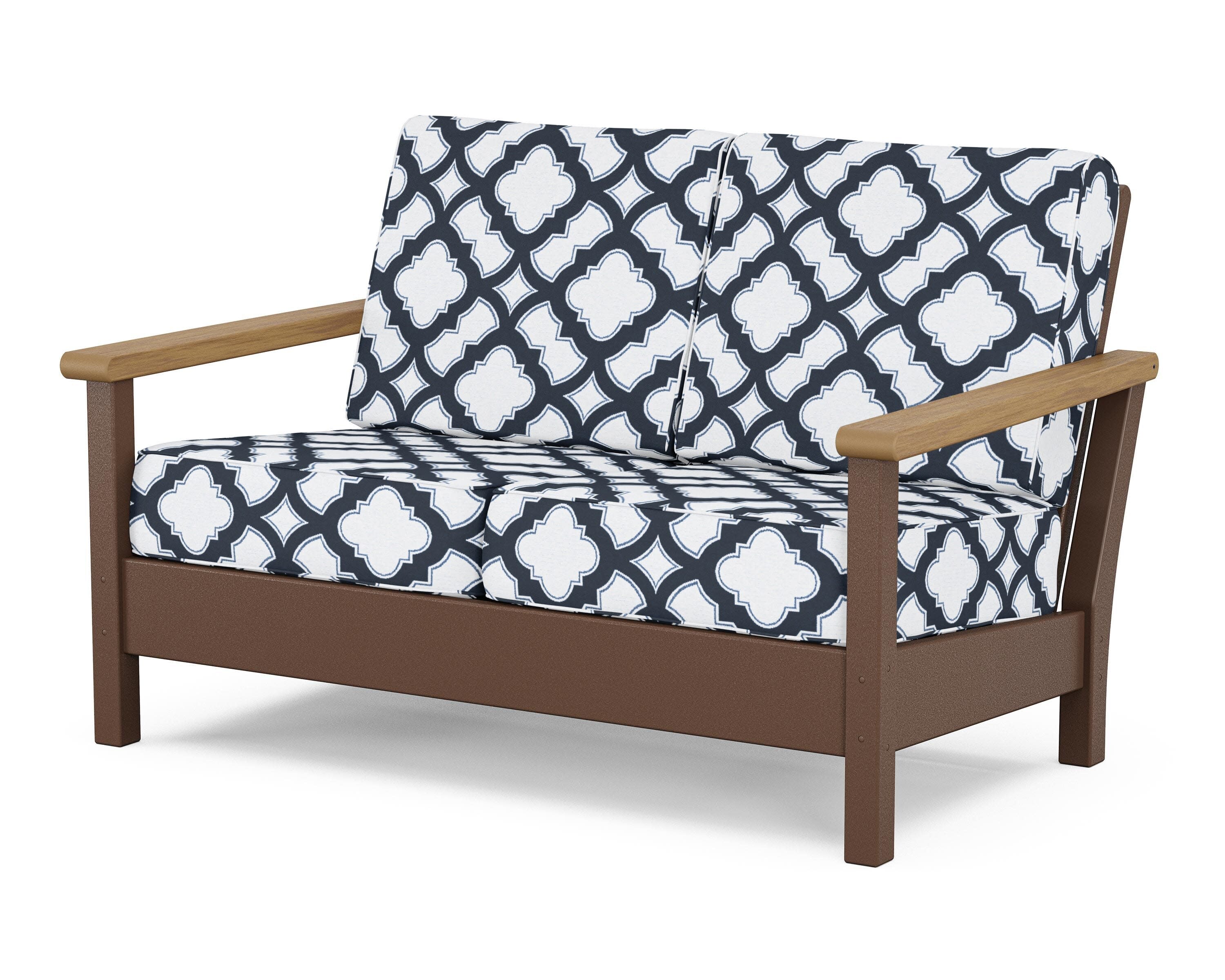 Harbour Deep Seating Loveseat in Mahogany / Natural / Trellis Marine Indigo