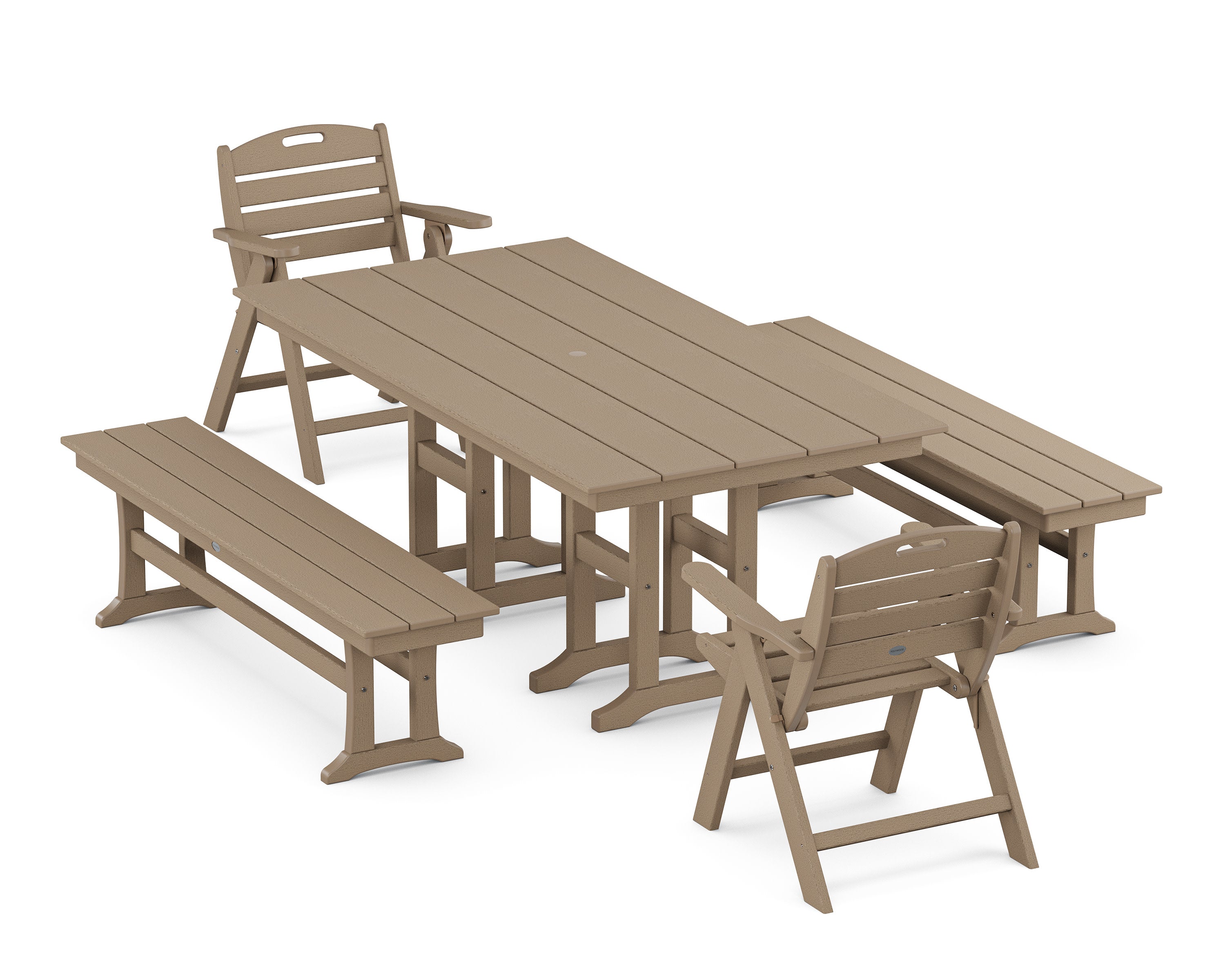 Nautical Lowback 5-Piece Farmhouse Dining Set with Benches in Vintage Sahara