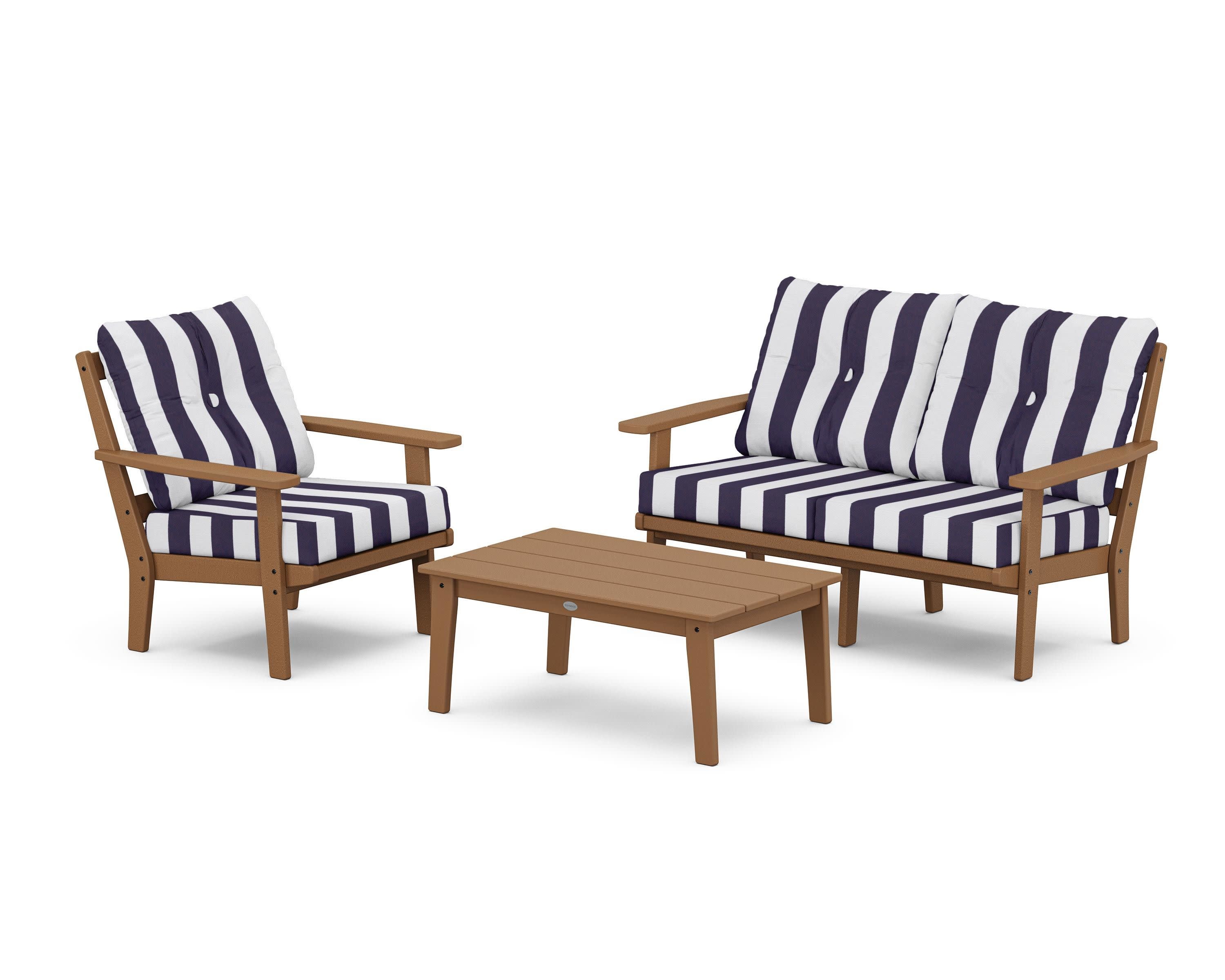 Oxford 3-Piece Deep Seating Set with Loveseat in Teak / Cabana Stripe Navy