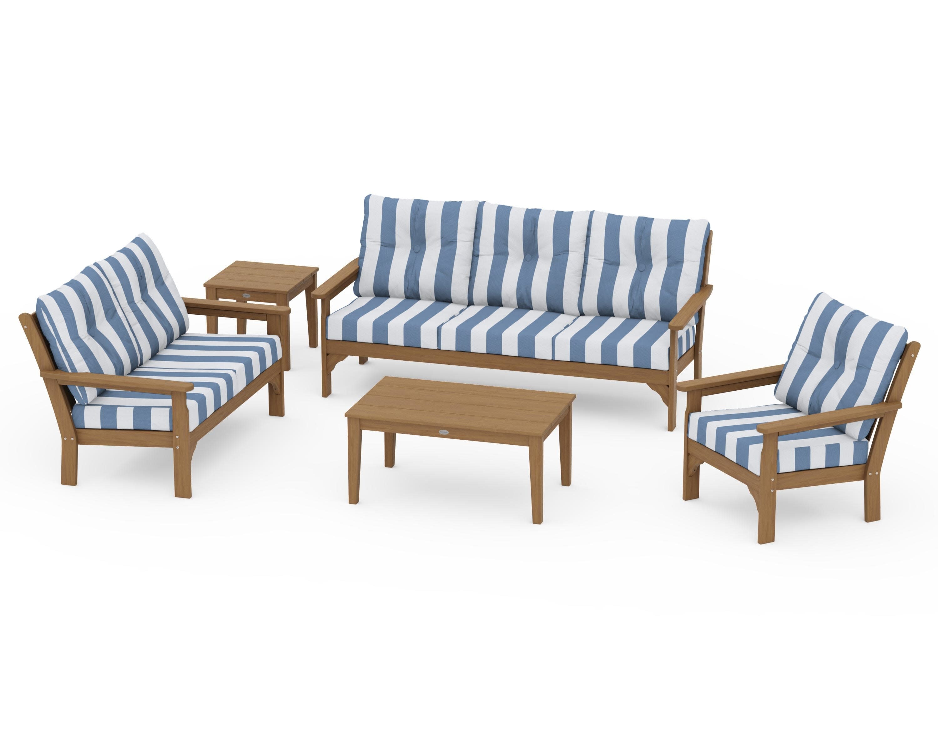 Vineyard 5 Piece Deep Seating Set in Natural / Cabana Stripe Sky Blue