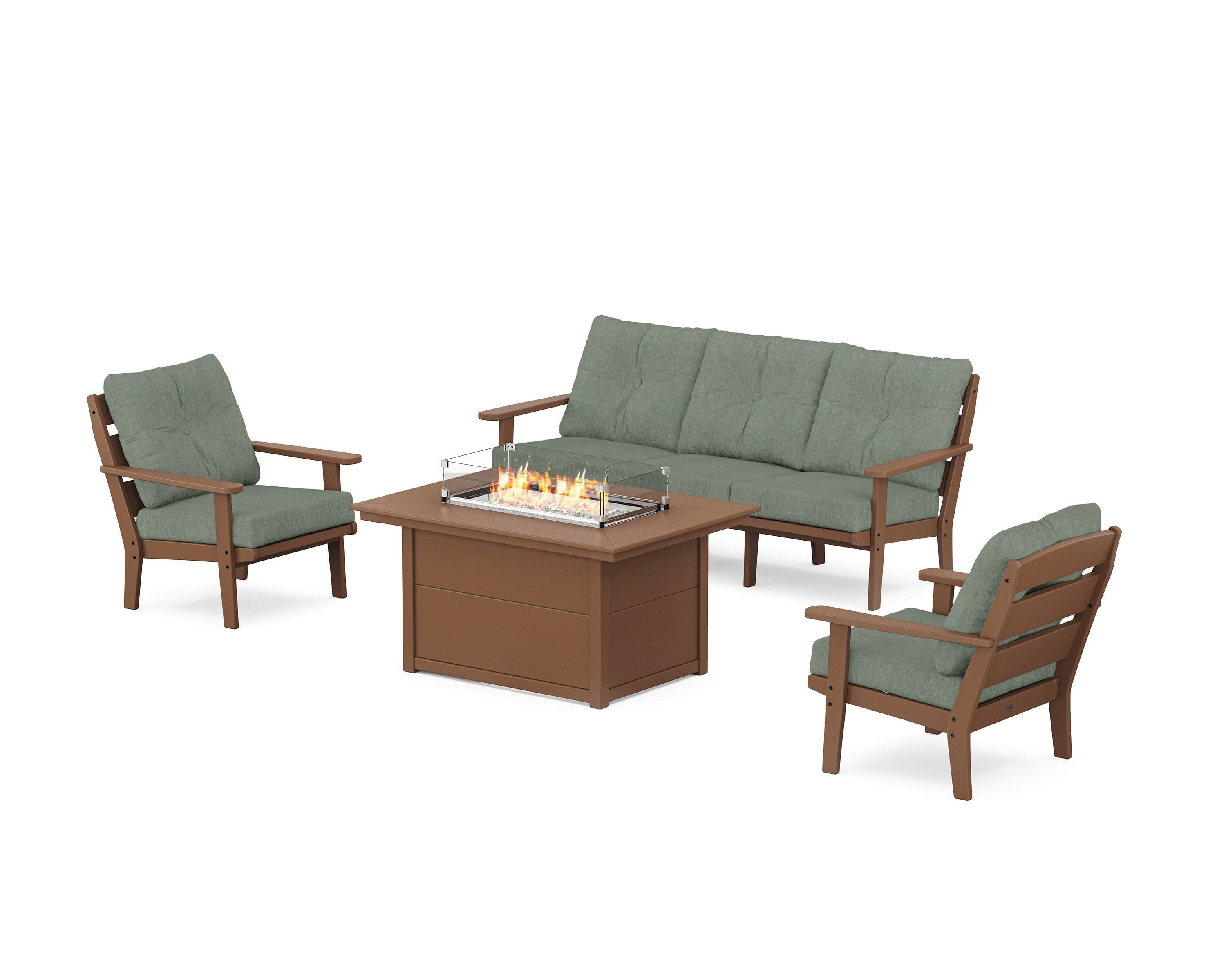 Lakeside Deep Seating Fire Pit Table Set in Teak / Cast Sage