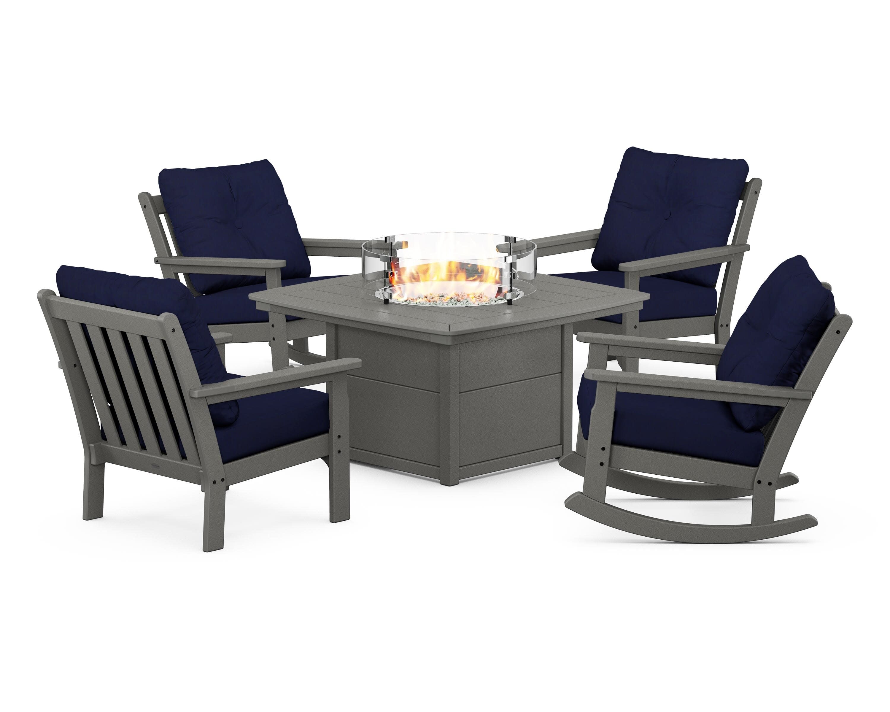 Vineyard 5-Piece Deep Seating Rocking Chair Conversation Set with Fire Pit Table in Slate Grey / Navy