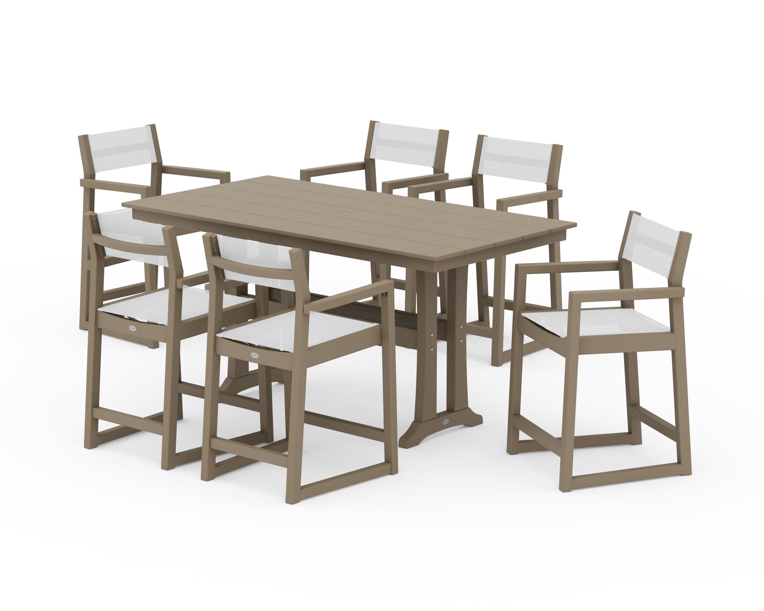 EDGE Sling Arm Chair 7-Piece Farmhouse Counter Set with Trestle Legs in Vintage Sahara / White Sling