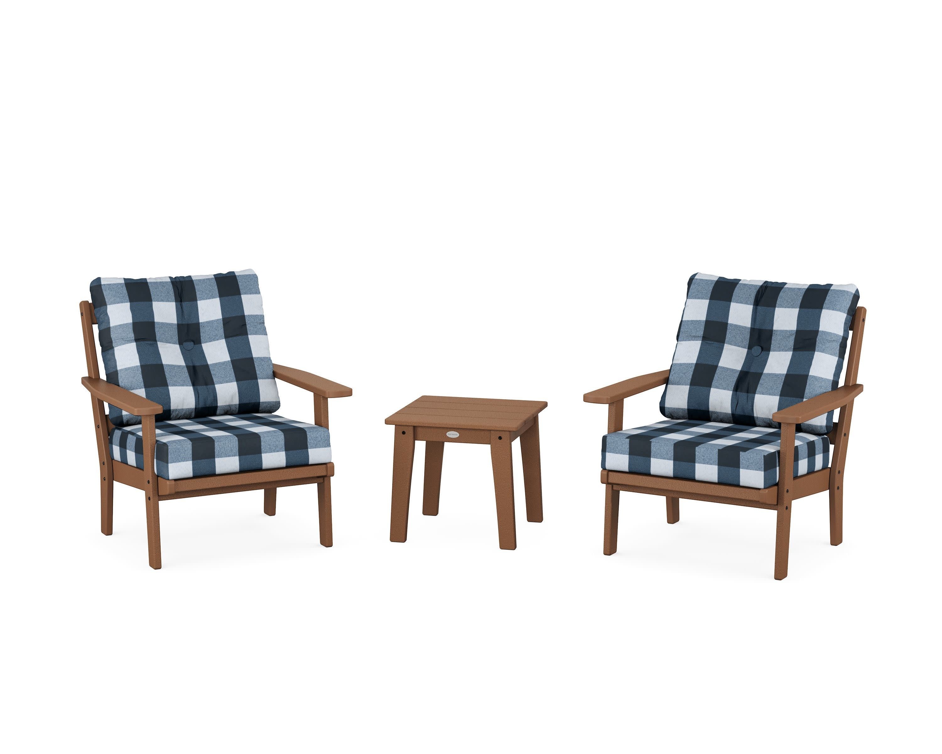 Oxford 3-Piece Deep Seating Set in Teak / Buffalo Plaid Marine Indigo