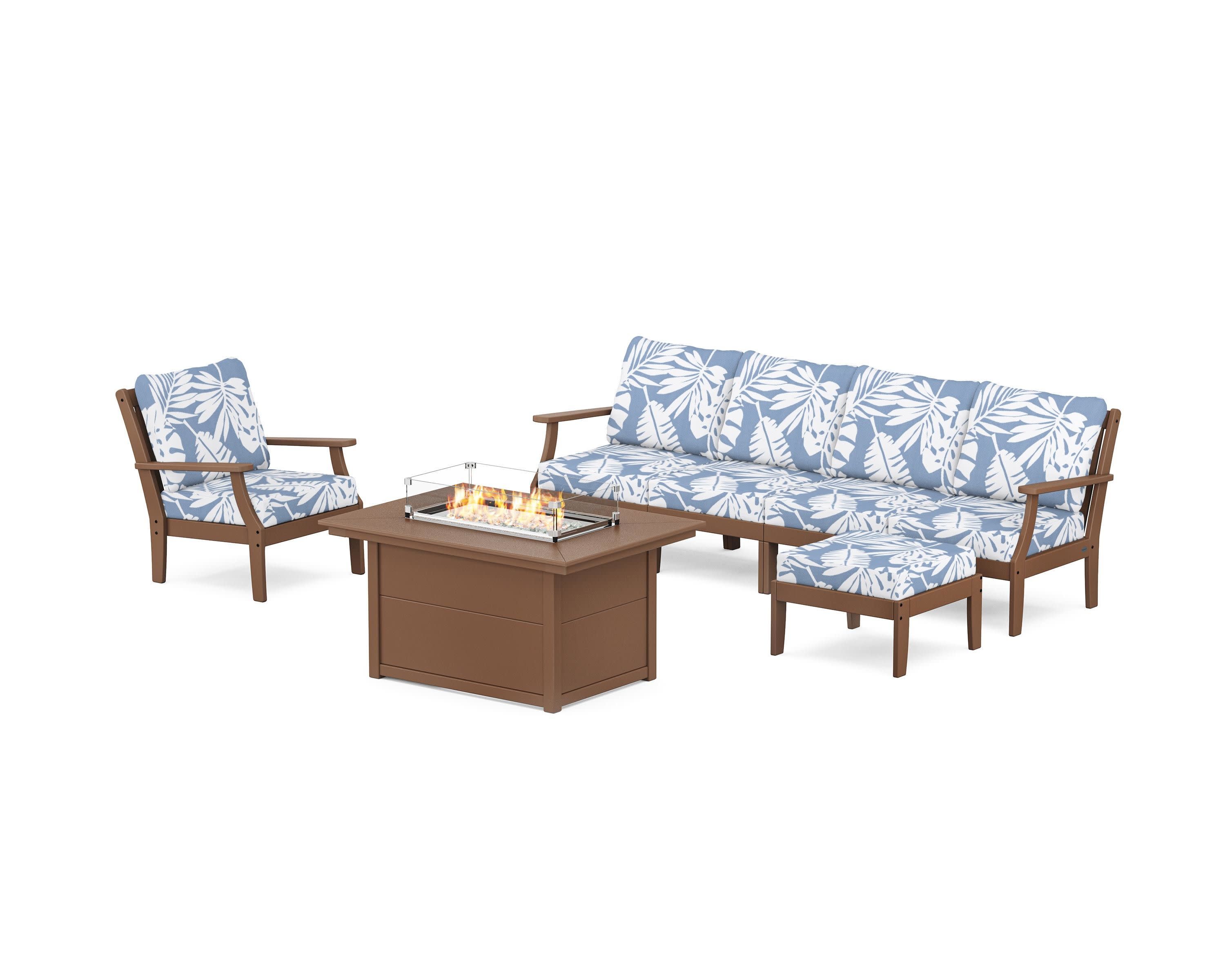 Braxton Sectional Lounge and Fire Pit Set in Teak / Leaf Sky Blue