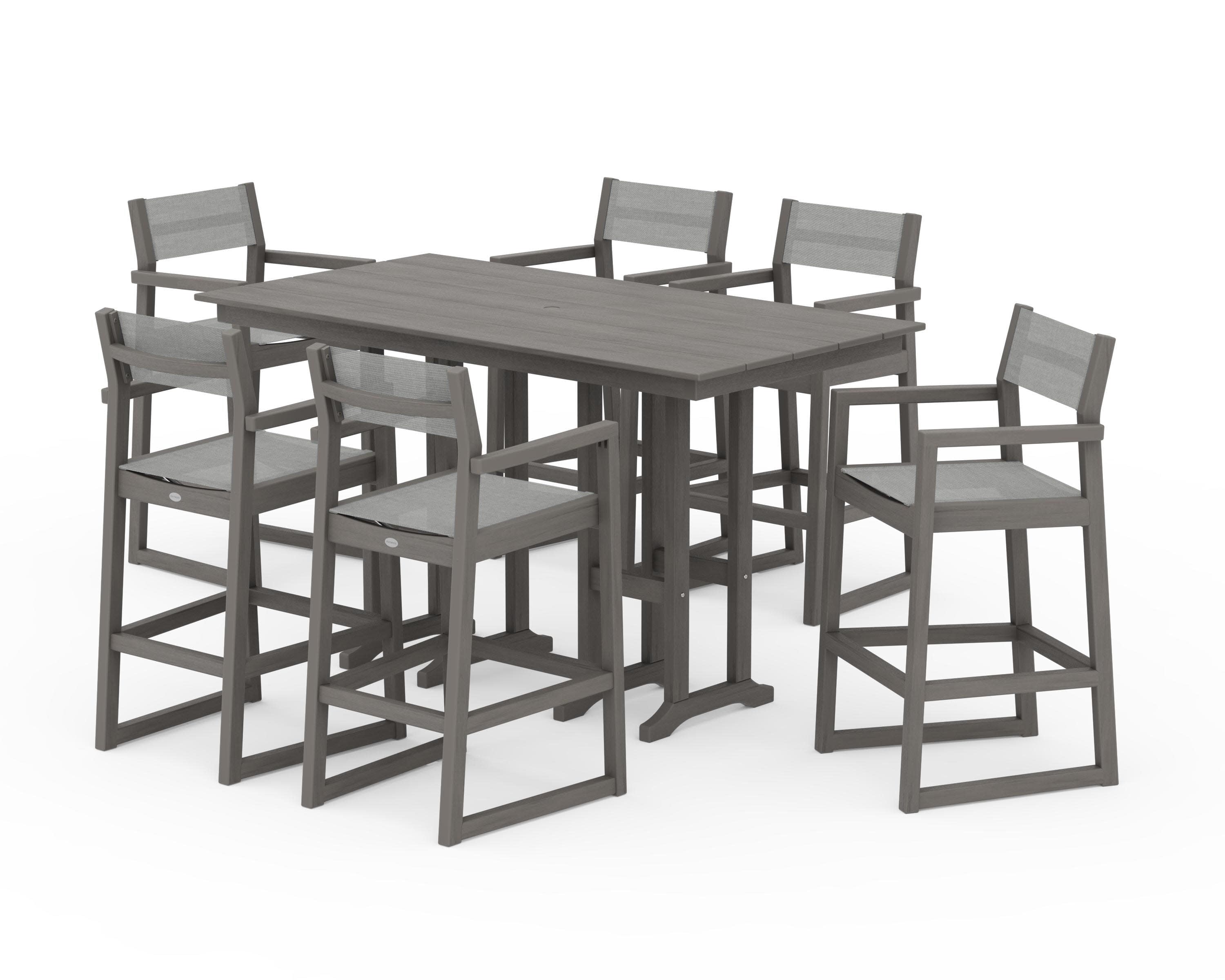 EDGE Sling Arm Chair 7-Piece Farmhouse Bar Set in Driftwood / Metallic Sling