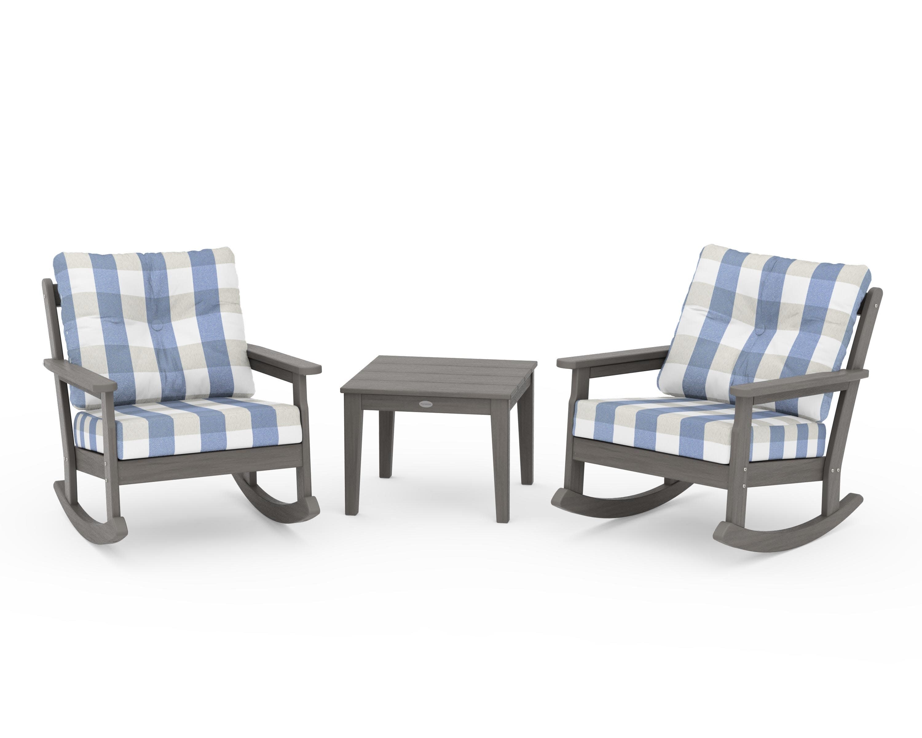 Vineyard 3-Piece Deep Seating Rocker Set in Driftwood / Buffalo Plaid Sky Blue