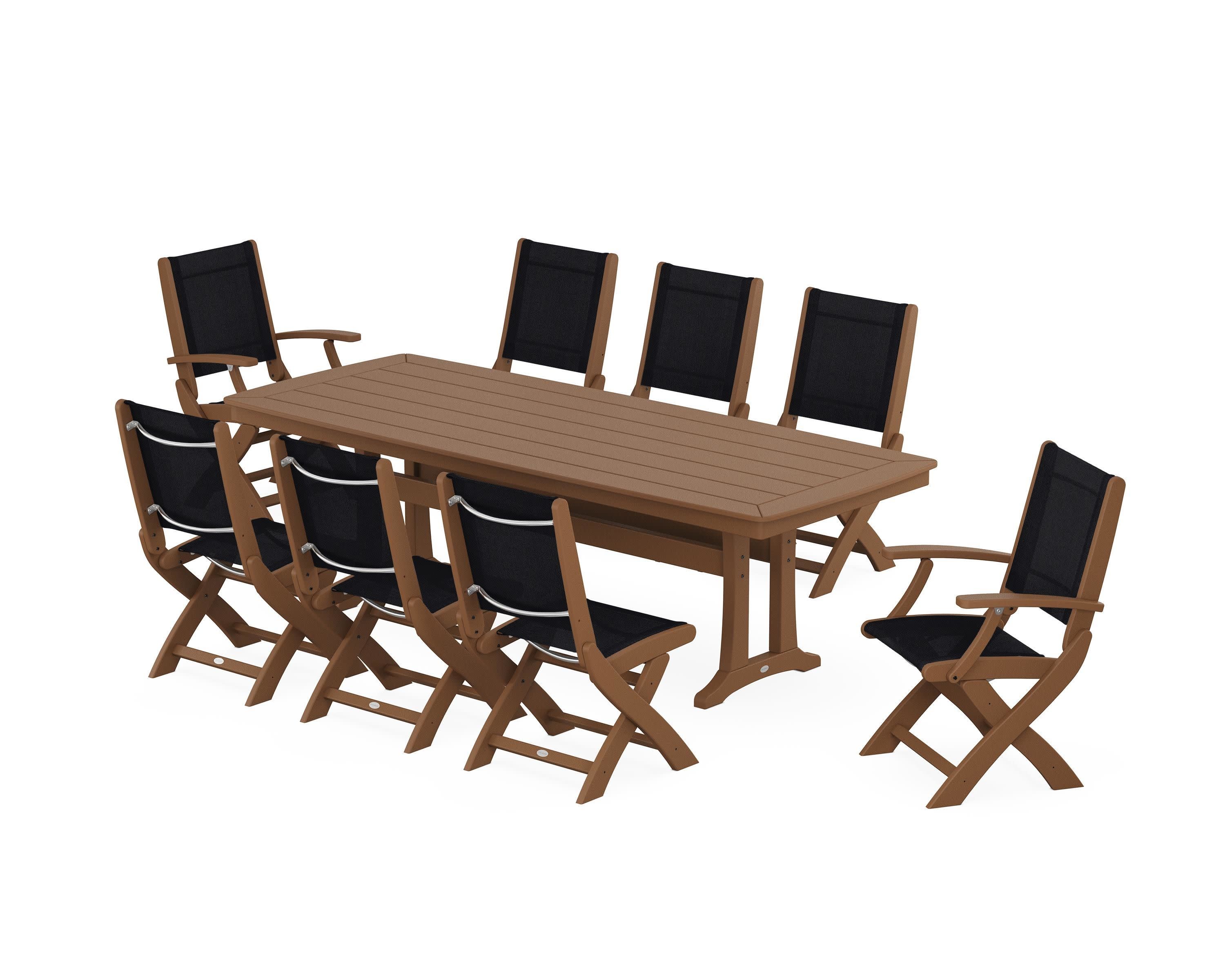 Coastal Folding 9-Piece Dining Set with Trestle Legs in Teak / Black Sling