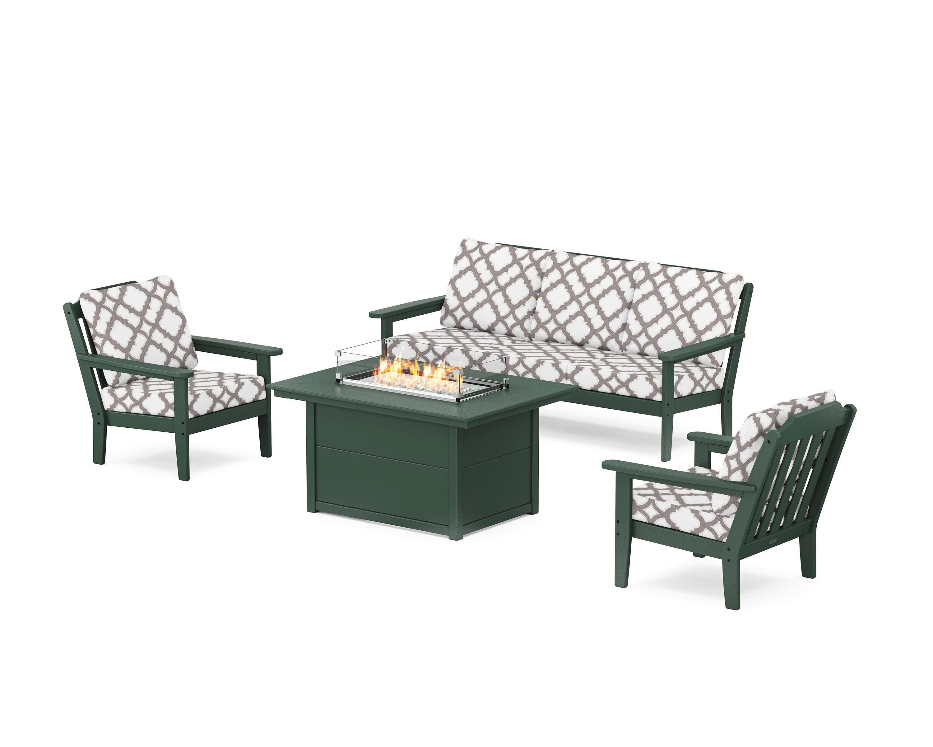 Cottage Deep Seating Fire Pit Table Set in Green / Trellis Grey Mist