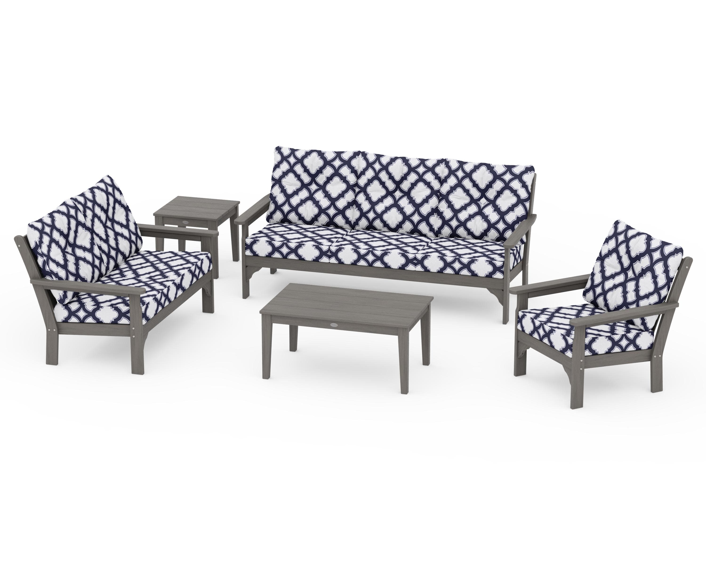 Vineyard 5 Piece Deep Seating Set in Driftwood / Trellis Navy