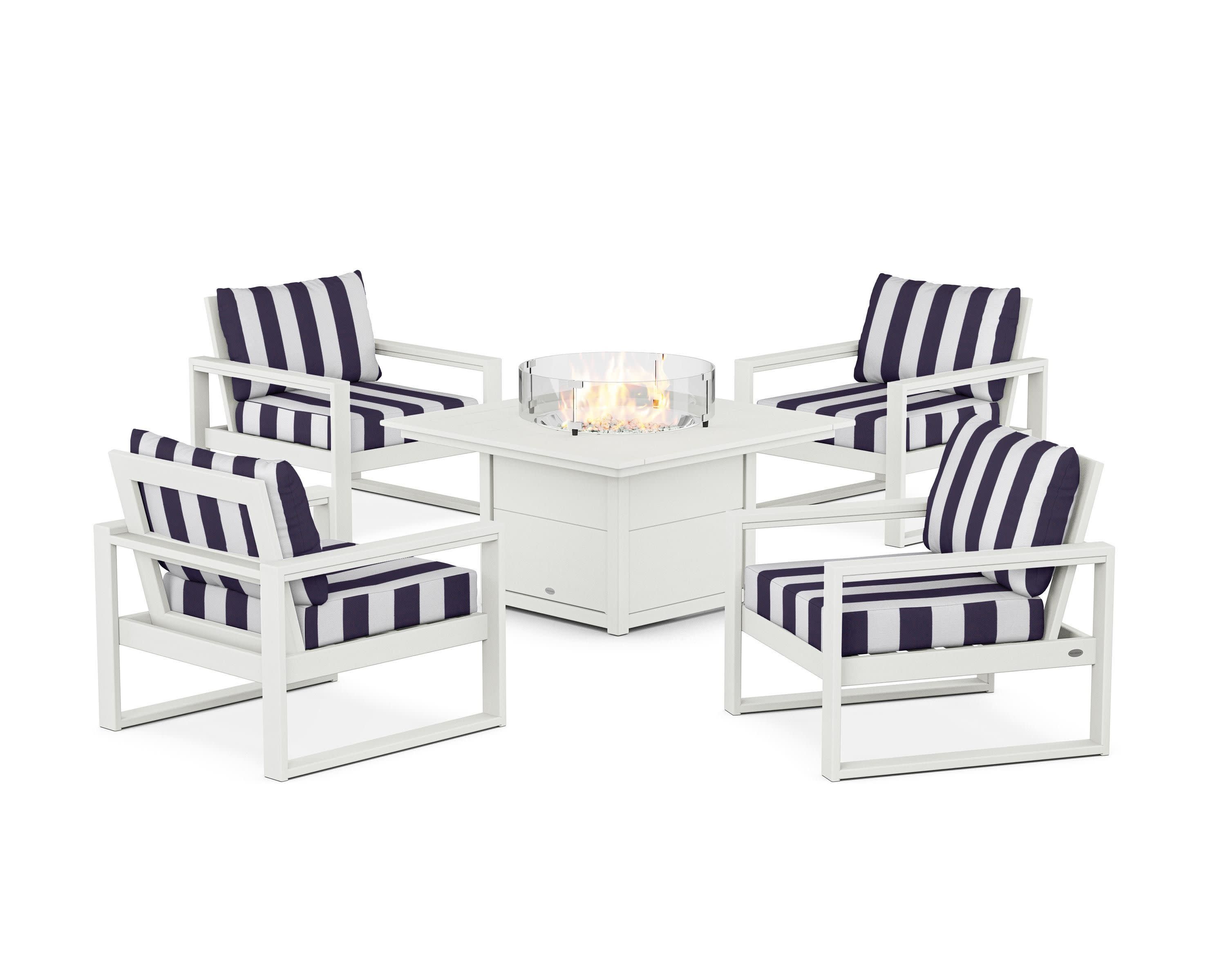 EDGE Sectional 5-Piece Deep Seating Set with Fire Pit Table in Vintage White / Cabana Stripe Navy
