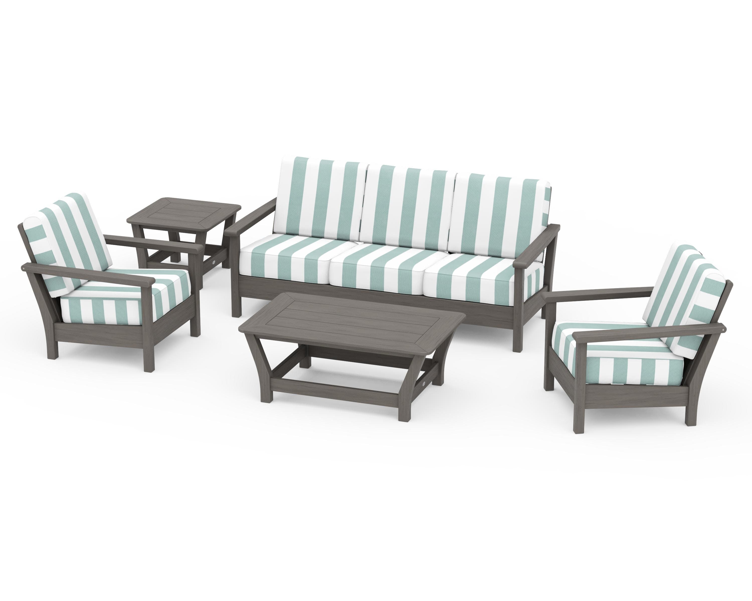 Harbour 5-Piece Deep Seating Set in Driftwood / Cabana Stripe Glacier Spa