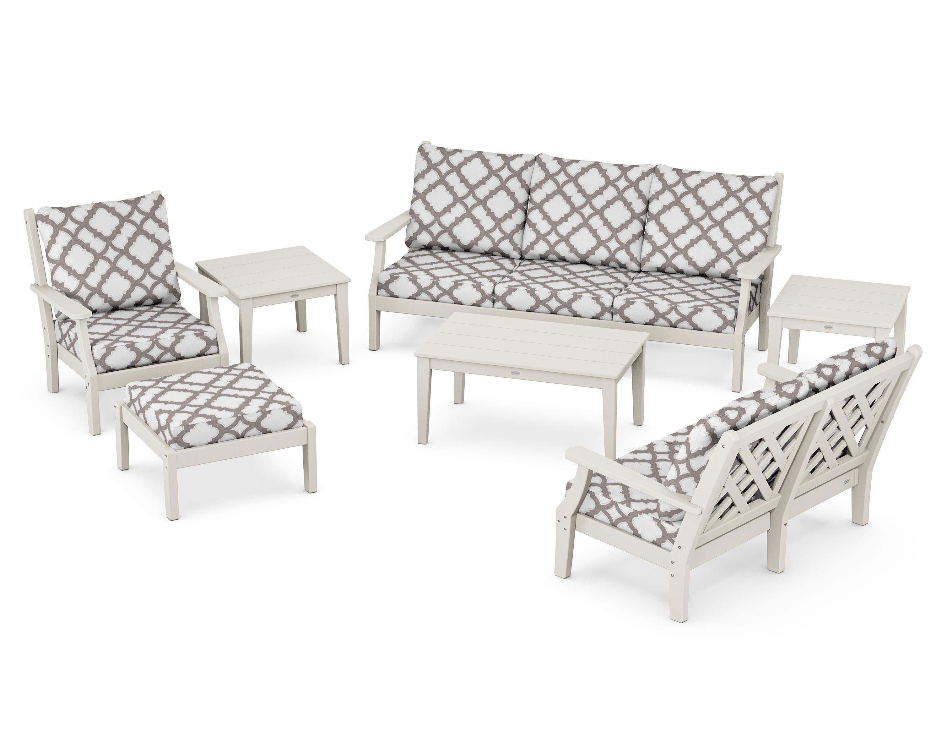Wovendale 7-Piece Deep Seating Set in Sand / Trellis Grey Mist