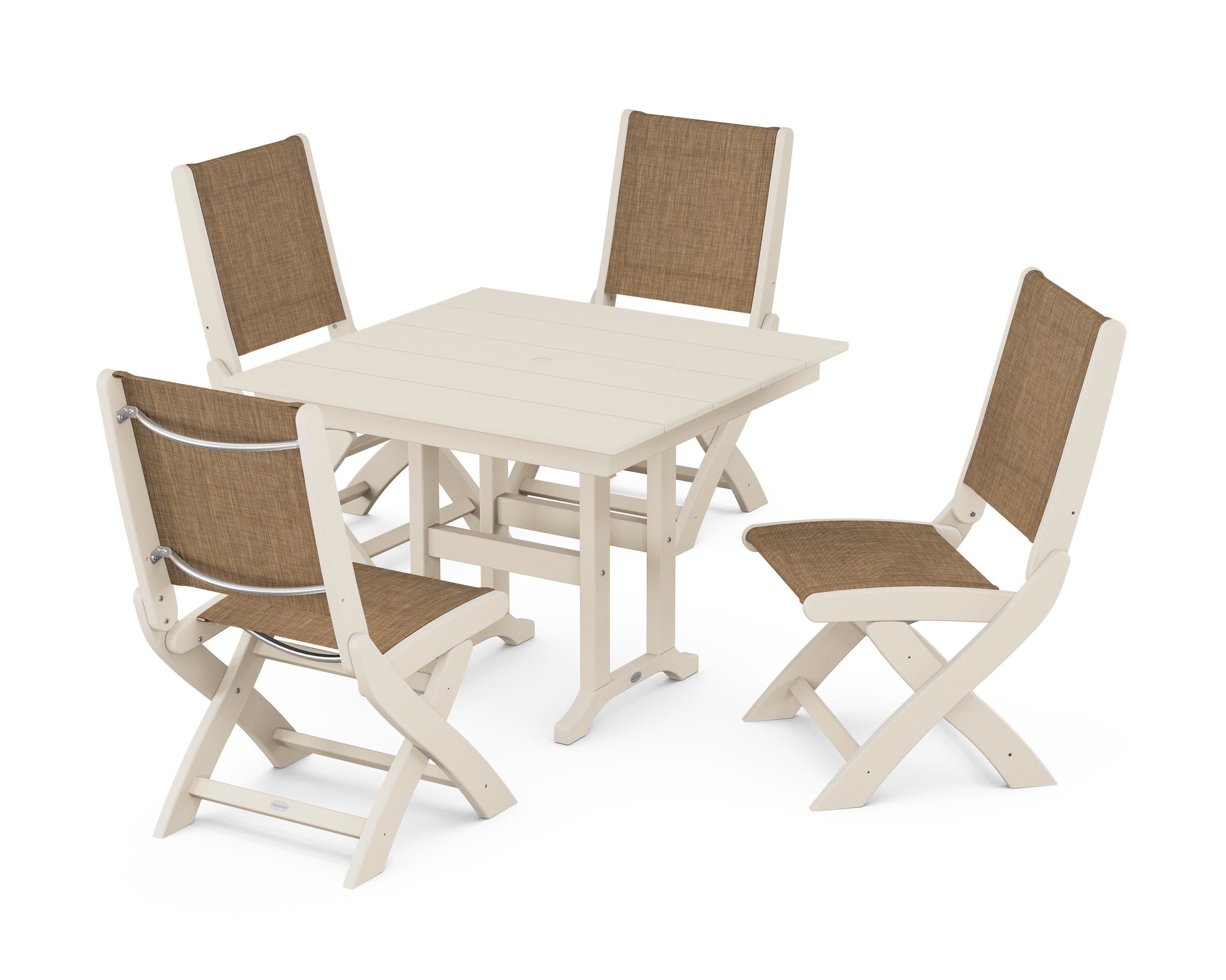 Coastal Folding Side Chair 5-Piece Farmhouse Dining Set in Sand / Burlap Sling