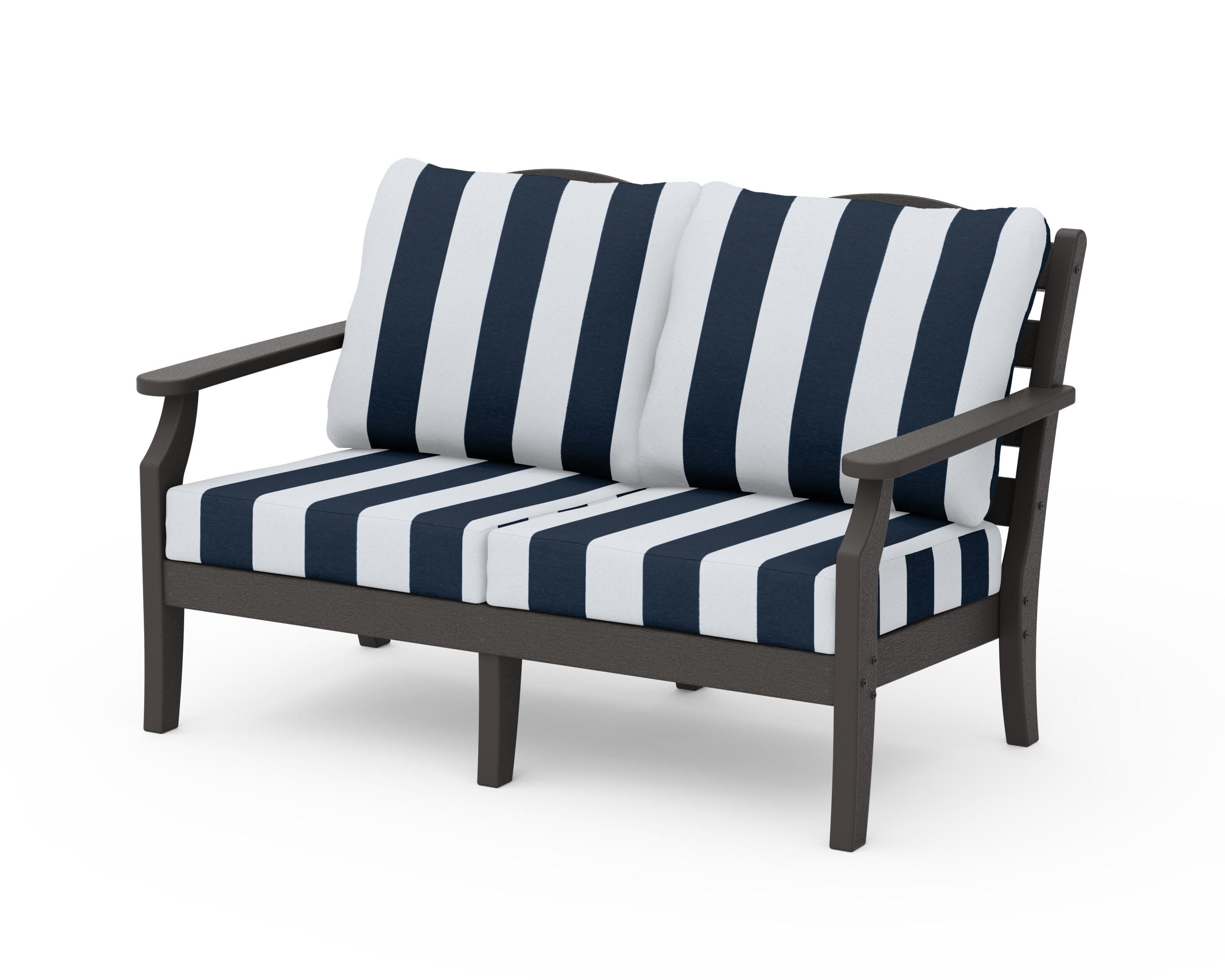 Savannah Deep Seating Loveseat in Vintage Coffee / Cabana Stripe Marine Indigo